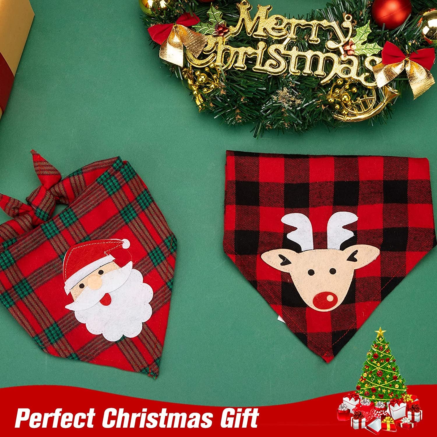 PAWCHIE 2 PCS Christmas Dog Bandanas with Handmade Applique (Santa Claus & Elk), Washable Plaid Triangle Bibs Scarfs for Puppy Animals & Pet Supplies > Pet Supplies > Dog Supplies > Dog Apparel PAWCHIE   