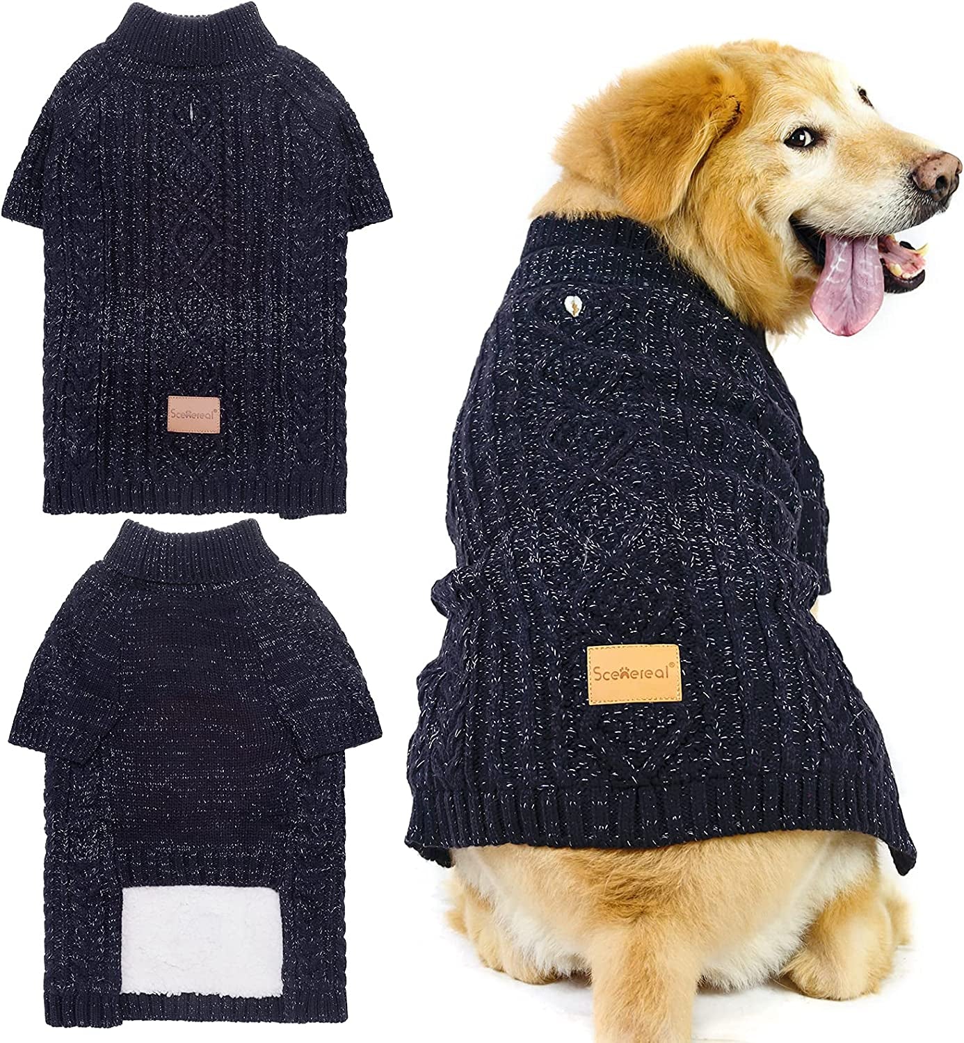 SCENEREAL Dog Sweater with Leash Hole - Cable Knit Turtleneck Dog Sweaters for Small Medium Dog Puppy - Dog Cold Weather Coats Sweatshirts for Fall Winter to Keep Warm Animals & Pet Supplies > Pet Supplies > Dog Supplies > Dog Apparel SCENEREAL Navy Blue Medium 