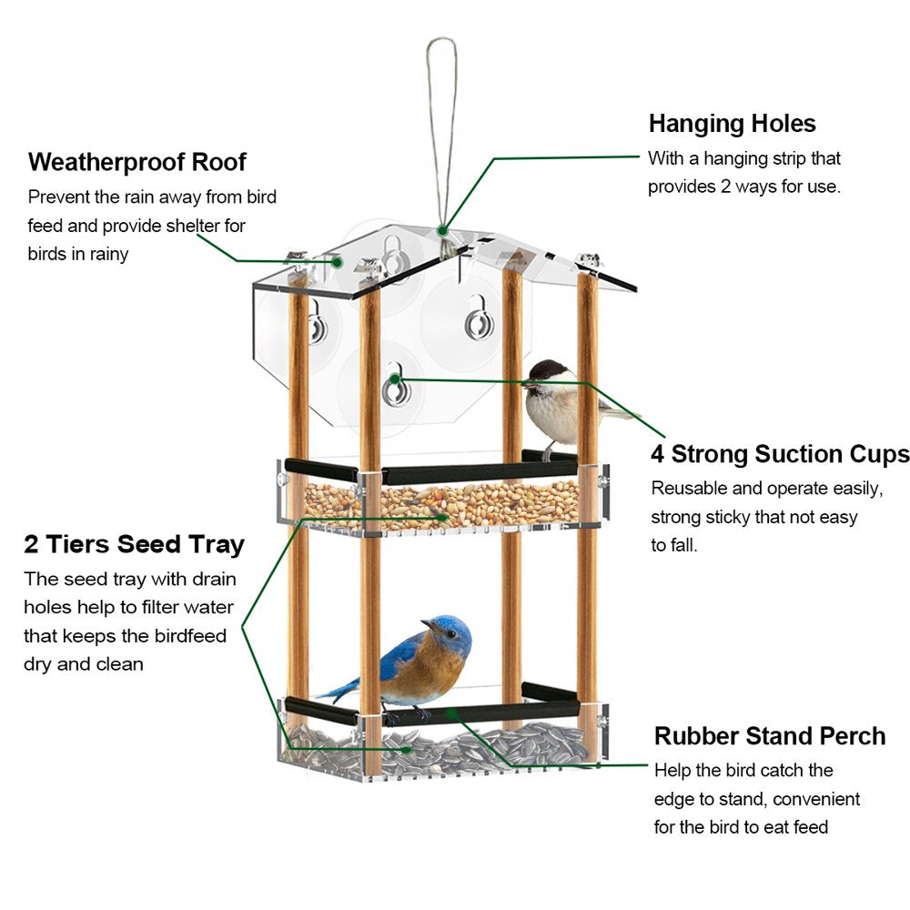 HHXRISE Window Bird Feeder with Strong Suction Cups, Outdoor Acrylic Bird House with 2 Tiers Seed Tray, Large Weatherproof Birdfeeder for Wild Birds, Finch, Cardinal, and Bluebird, Brown Animals & Pet Supplies > Pet Supplies > Bird Supplies > Bird Food HHXRISE   