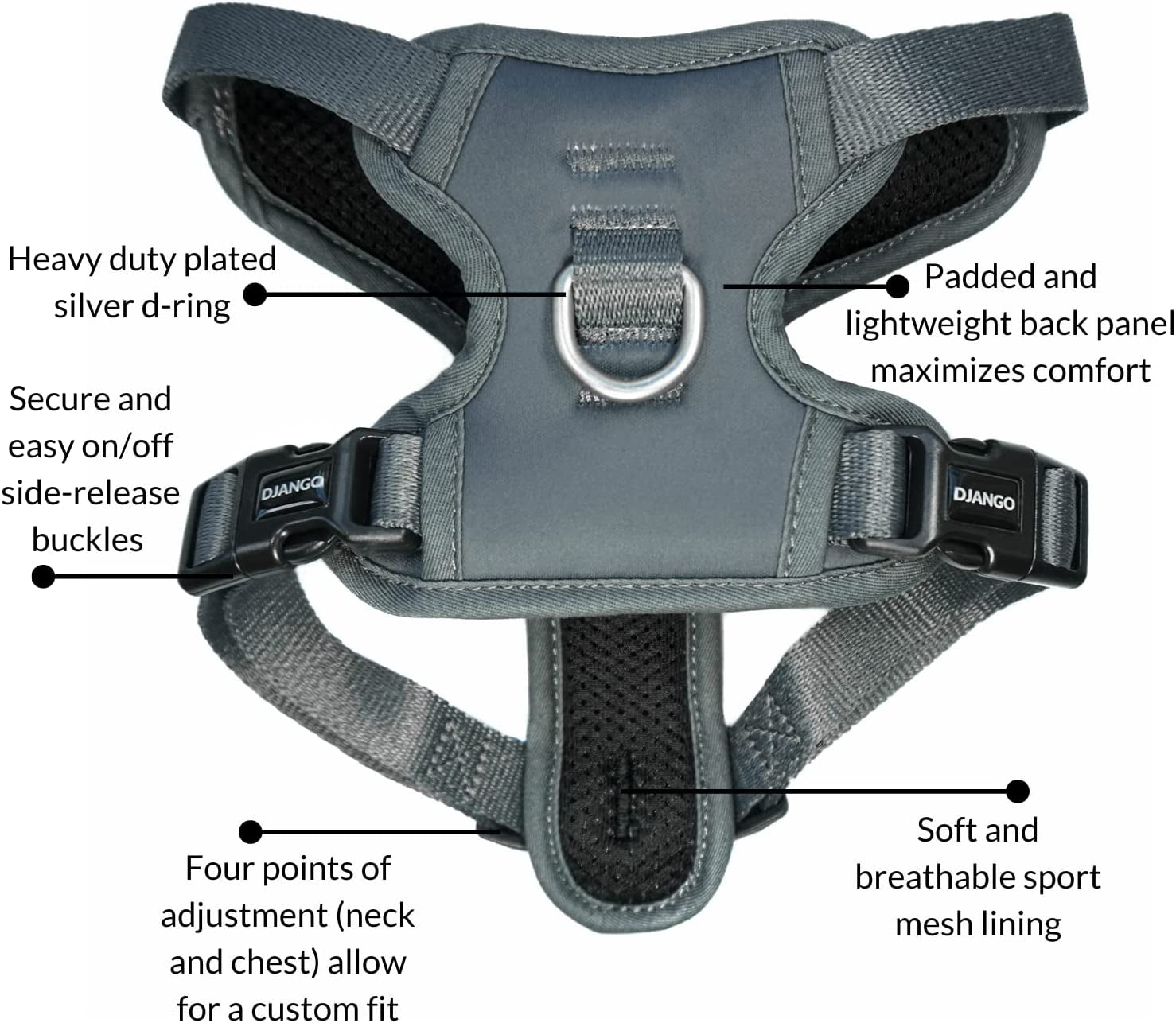 DJANGO Tahoe No Pull Dog Harness – Comfortable, Durable, and Padded Harness with Front and Back D-Rings and Reflective Piping – Adjustable and Secure Design for Everyday Use (Large, Poppy Seed Gray) Animals & Pet Supplies > Pet Supplies > Dog Supplies > Dog Apparel DJANGO   