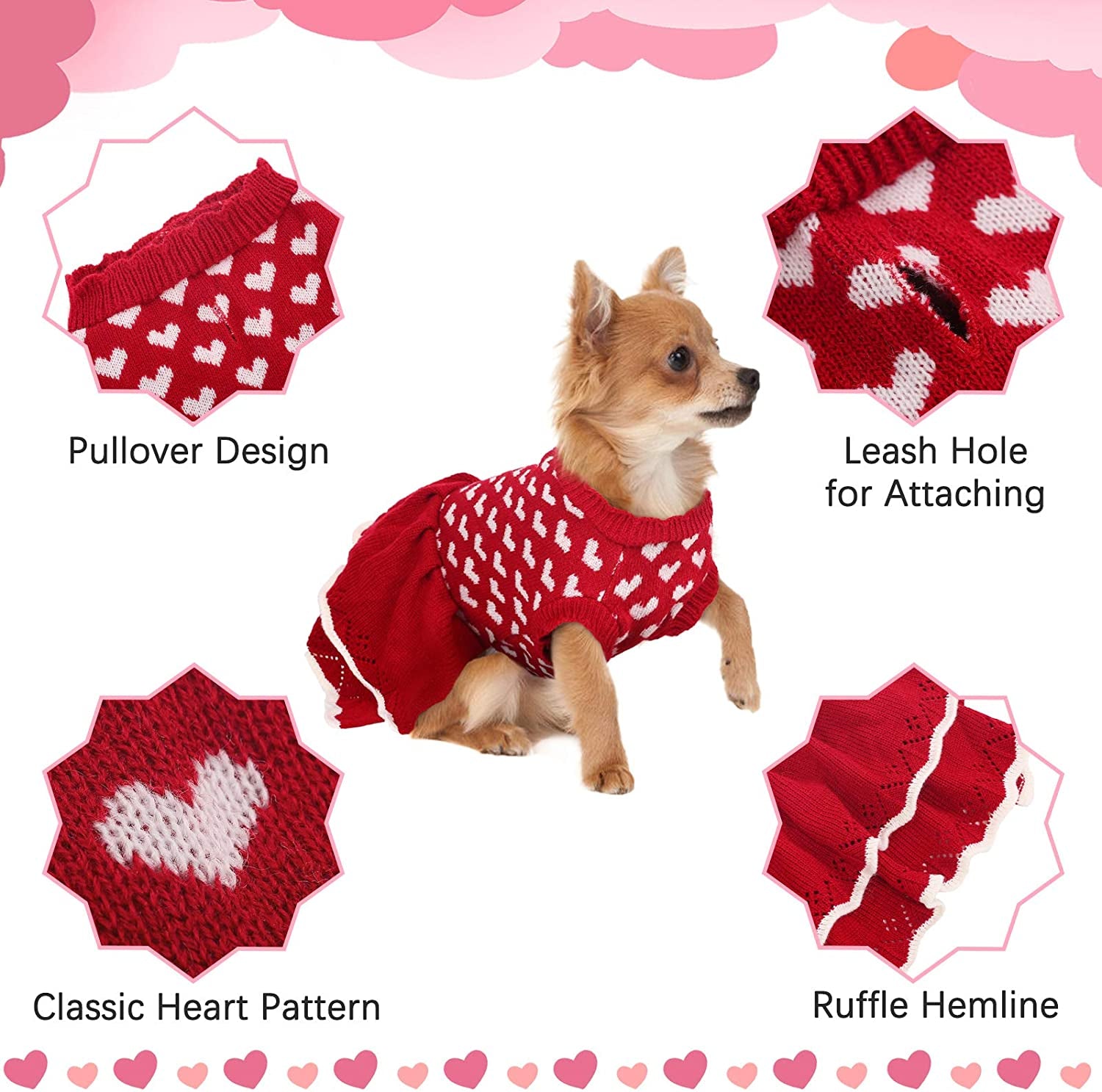 ROZKITCH Dog Sweater Dress Turtleneck Vest for Female Girls, Winter Warm Dog Pullover Knitwear Pet Sweater, Red Dog Princess Knitwear Sweater Dress Clothes for Fall Winter Christmas Holiday with Bow Animals & Pet Supplies > Pet Supplies > Dog Supplies > Dog Apparel ROZKITCH   