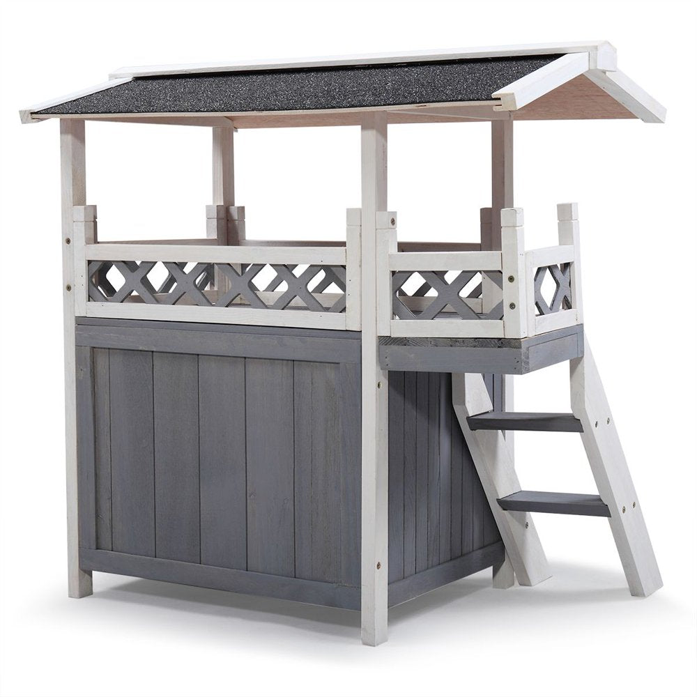 MOCA AUTOPARTS 2-Tier Wood Dog/Cat/Rabbit House, Rustic Pet Home with Roof and Ladder, Pet Shelter for Indoor and Outdoor, Gray Animals & Pet Supplies > Pet Supplies > Dog Supplies > Dog Houses MOCA AUTOPARTS   