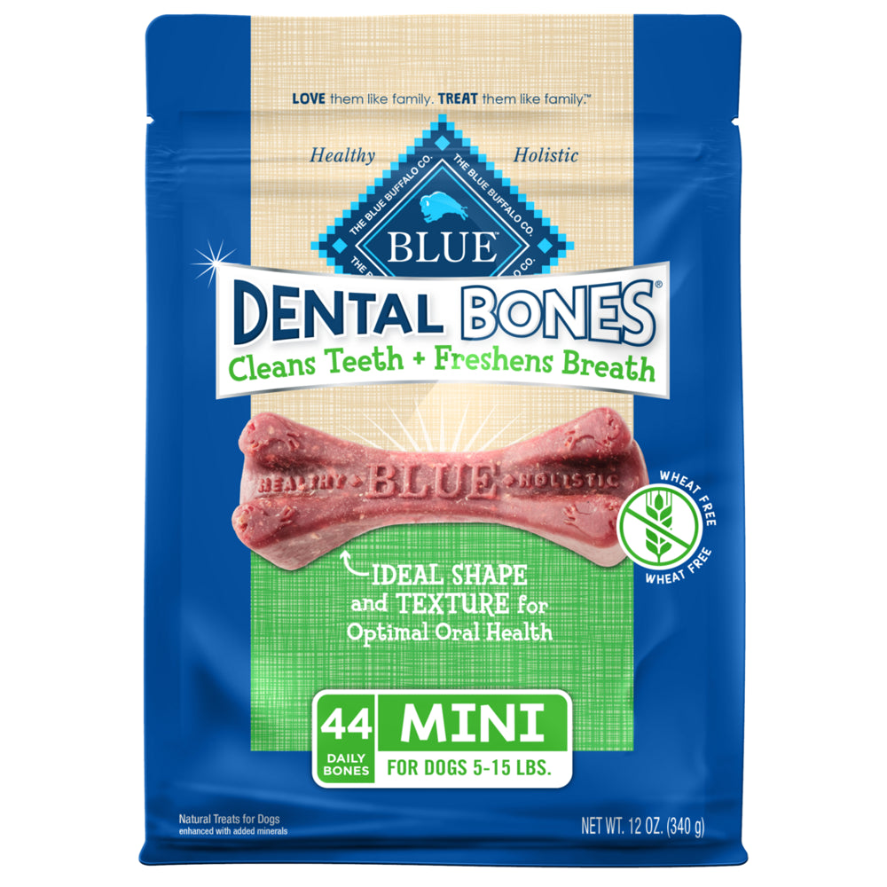 Blue Buffalo Dental Bones Mini (5-15 Lbs) Dental Treats for Adult Dogs, Whole Grain, 12 Oz. Bag