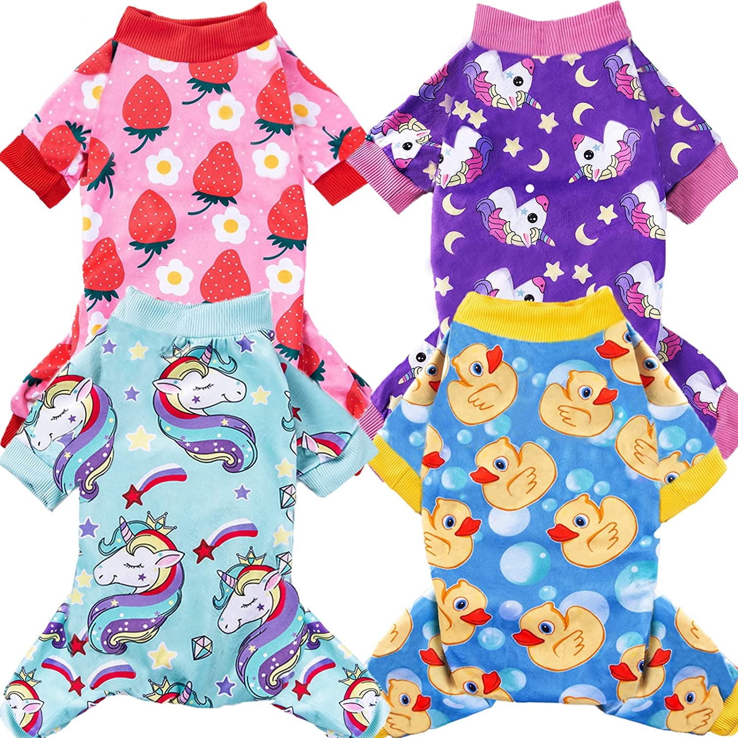 XPUDAC 4 Piece Dog Pajamas for Small Dogs Pjs Clothes Puppy Onesies Outfits for Doggie Christmas Shirts Sleeper for Pet Cats Jammies Animals & Pet Supplies > Pet Supplies > Dog Supplies > Dog Apparel XPUDAC Duck, Strawberry, 2 Unicorn Small(3.5-7 LBs) 