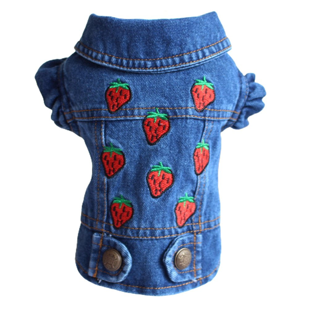 Walbest Dog Jean Jacket, Puppy Blue Denim Lapel Vest Coat Costume, Girl Boy Dog T-Shirt Strawberry Print Clothes, Cool and Funny Apparel Outfits, Dog Outfits for Small Medium Dogs Cats Animals & Pet Supplies > Pet Supplies > Cat Supplies > Cat Apparel Walbest   