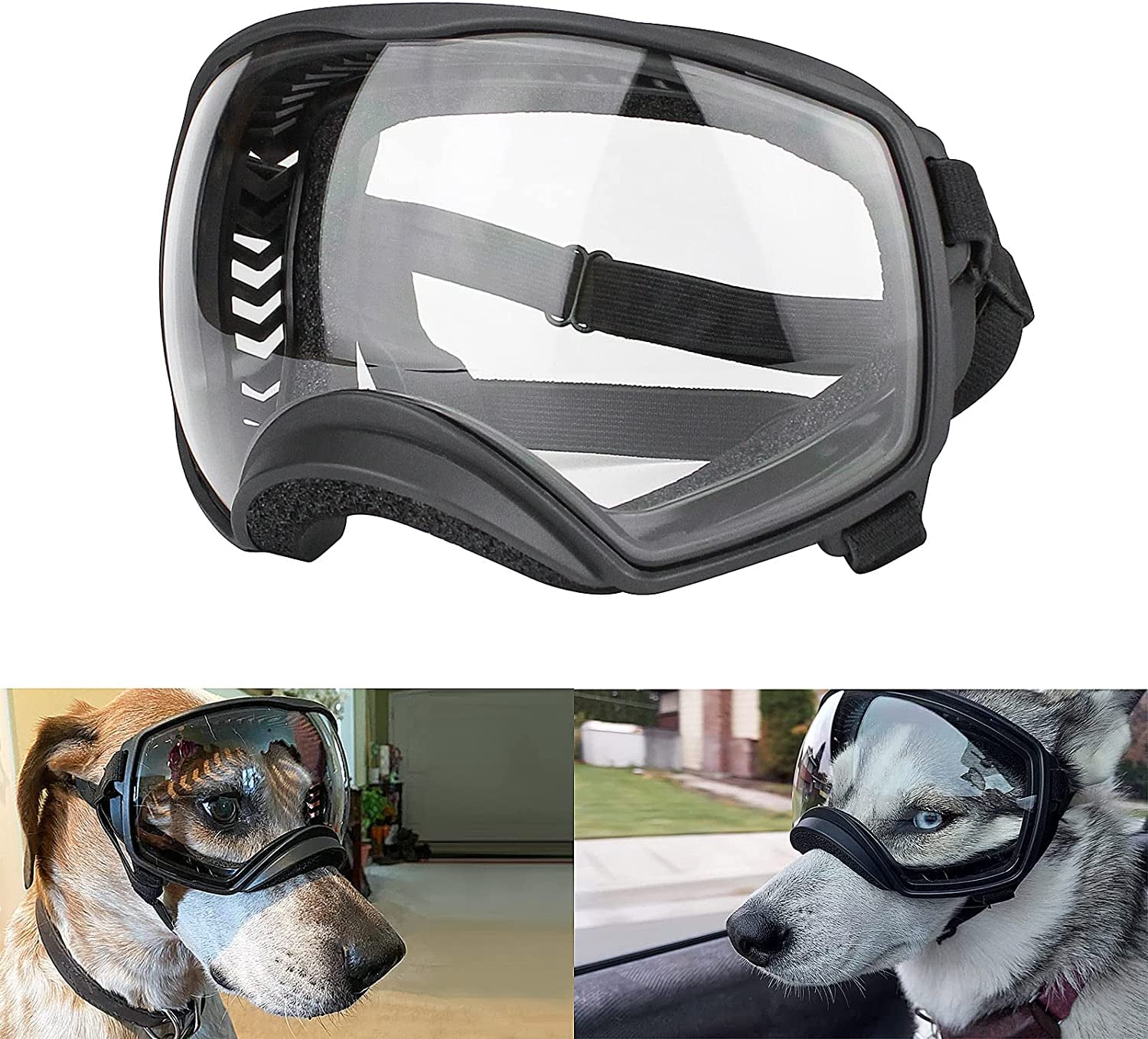 PETLESO Dog Goggles for Large Breed, Clear Dog Sunglasses Medium Large Breed Wide View Dog Eye Protection with Adjustable Straps for Driving Riding Hiking, Clear Lens Animals & Pet Supplies > Pet Supplies > Dog Supplies > Dog Apparel PETLESO Clear Lens  