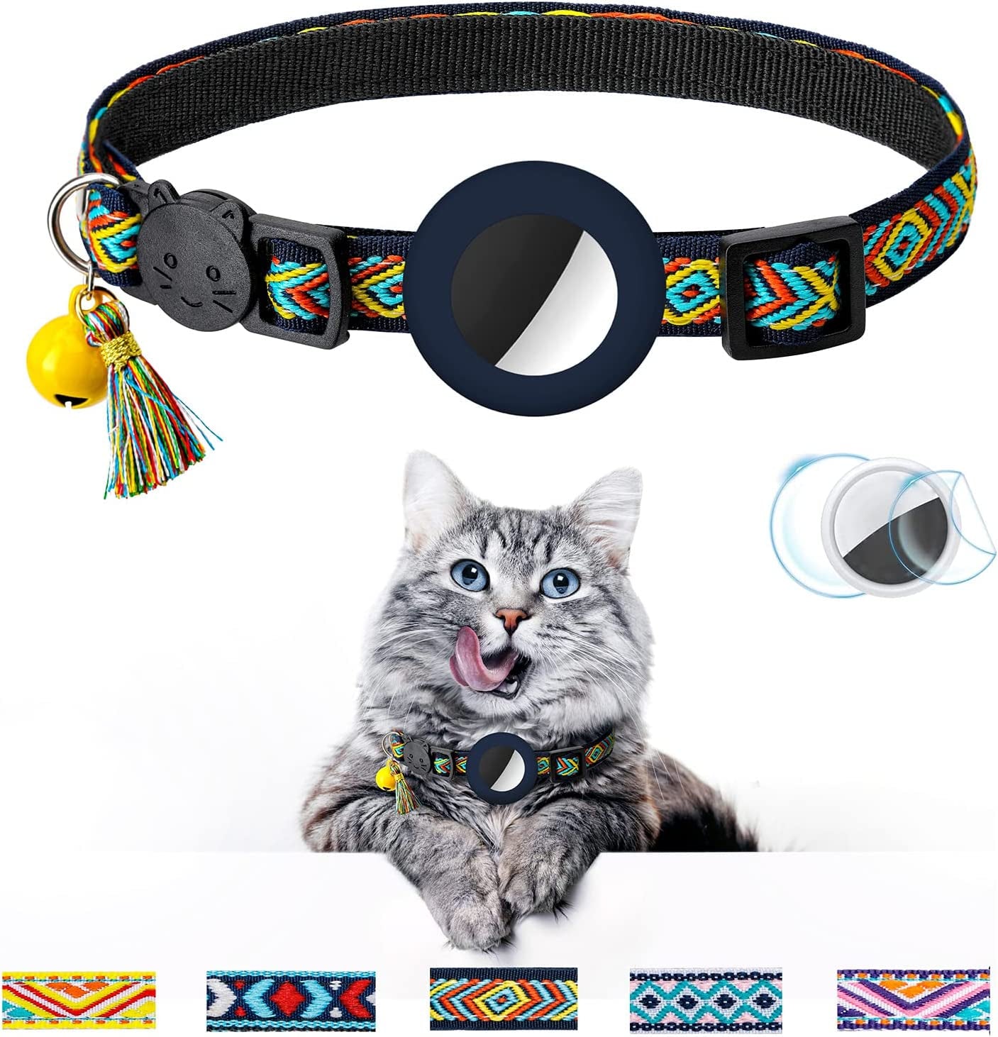 Airtag Cat Collar with Bell Adjustable Breakaway Kitten Collars:- Safety Buckle and Silicone Air Tag Holder Case Compatible with Apple Airtag Geometric Pattern Pet Collar