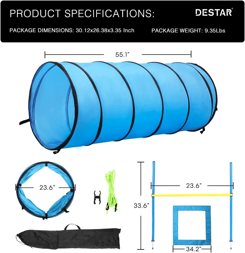Destar Dog Agility Equipment Pet Obstacle Training Course Kit with Tunnel Adjustable Hurdles Poles Carry Bag