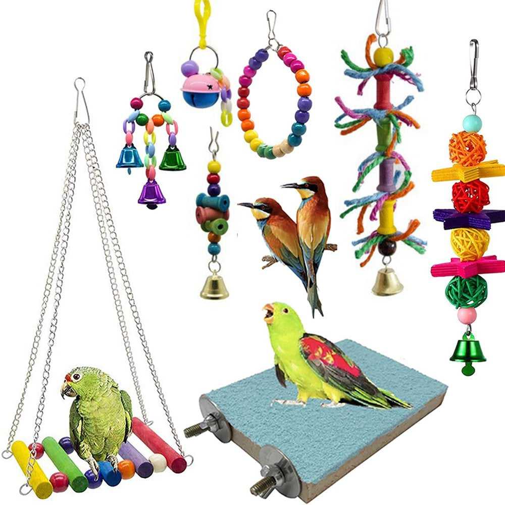 D-GROEE 8Pcs/Set Bird Swing Chewing Toys - Parrot Hammock Bell Toys Suitable for Small Parakeets, Cockatiels, Conures, Finches,Budgie,Macaws, Parrots, Love Birds