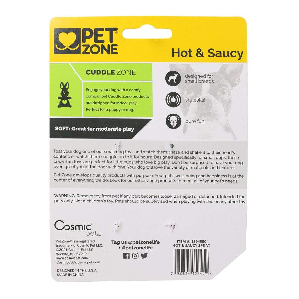 Pet Zone Hot Sauce Plush Squeaky Dog Toys for Small Dogs, 2 Pack
