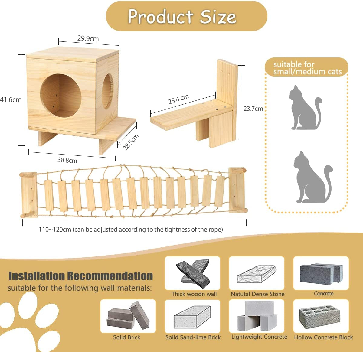 Cat Wall Shelves and Condos for Indoors Cats,Cat Wall Furniture with Solid Wood Climbling Bridge and House for Kitten/Medium Cats to Play and Rest