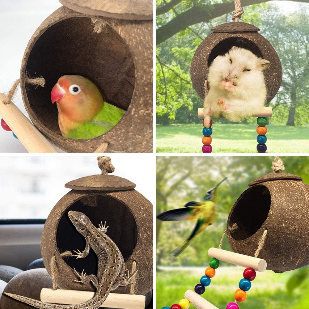 Coconut Bird Nest Hut with Ladder for Parrots Parakeets Conures Cockatiels Small Animals House Pet Cage Habitats Decor Animals & Pet Supplies > Pet Supplies > Small Animal Supplies > Small Animal Habitats & Cages Bydezcon   