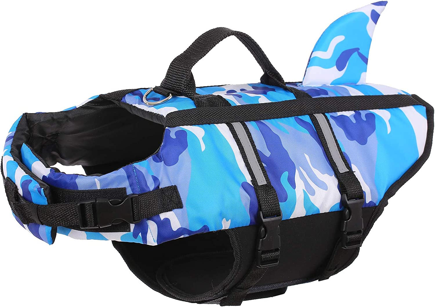 Queenmore Dog Life Jacket Pet Safety Vest High Buoyancy Camouflage Color Cute Shark with Strong Rescue Handle and Leash Ring for Boating, Canoeing, Surfing, Hunting, Blue M Animals & Pet Supplies > Pet Supplies > Dog Supplies > Dog Apparel Queenmore   