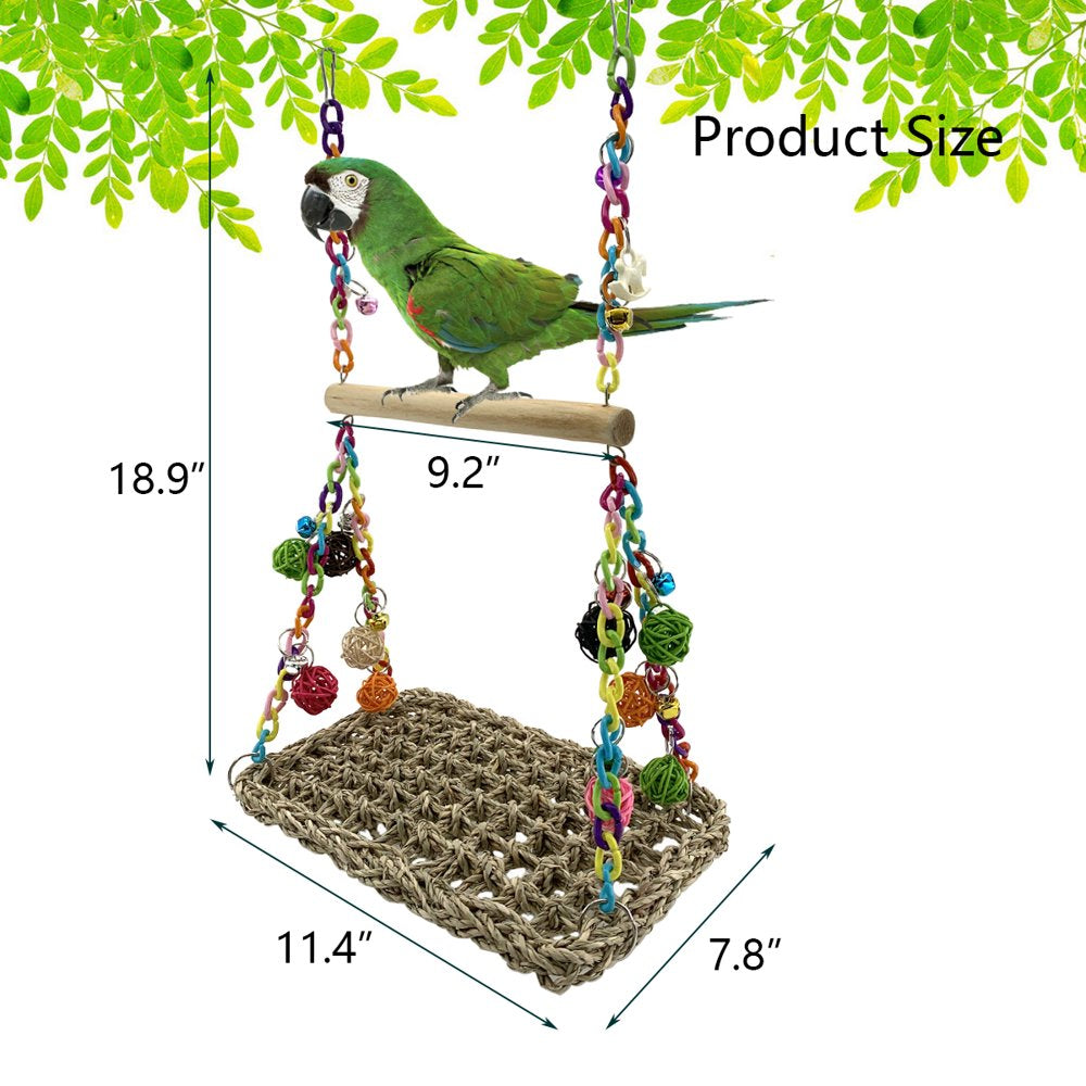 Bird Seagrass Swing Toys with Wood Perch Bird Parrot Trapeze Swing Seagrass Bird Climbing Hammock Bird Perch Stand Chewing Toy for Lovebird, Cockatiel, Budgie, Conure Parrotlet, Parakeets Animals & Pet Supplies > Pet Supplies > Bird Supplies > Bird Toys Vehomy   