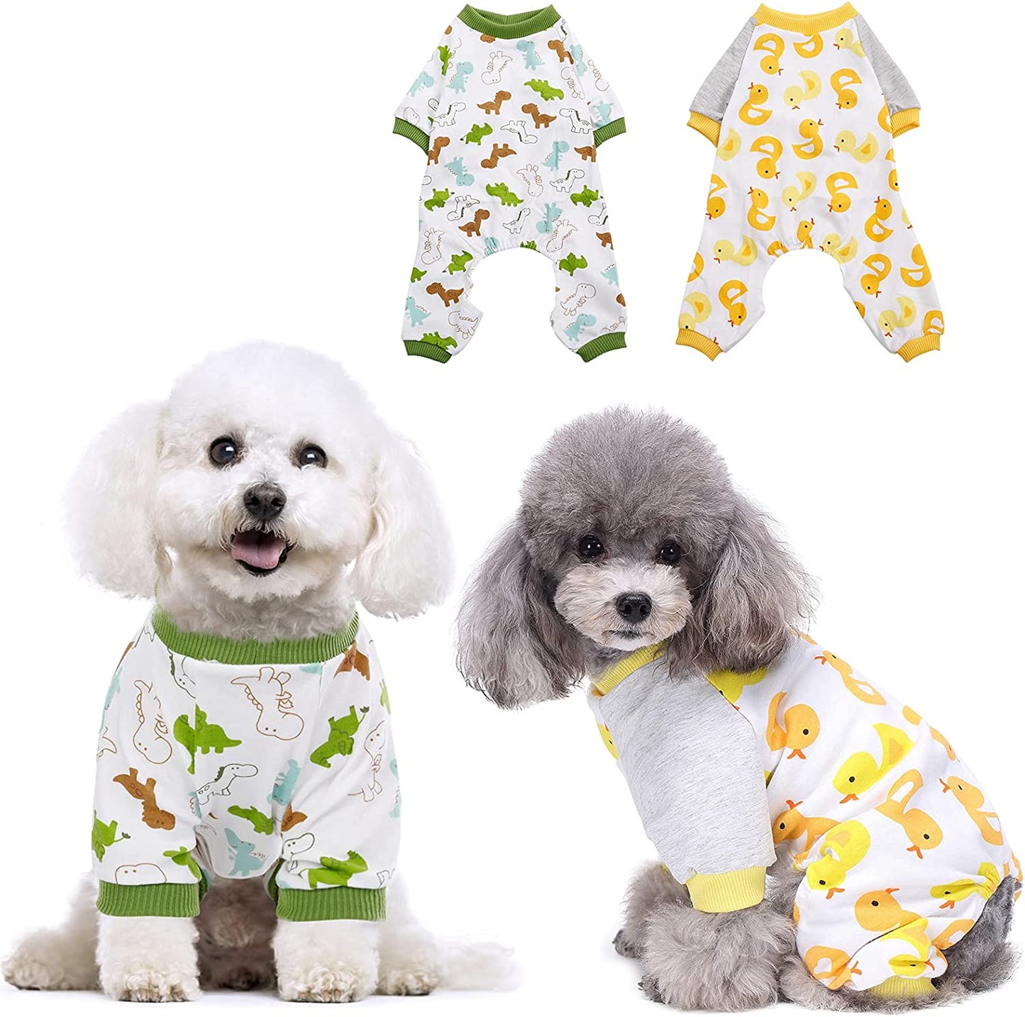 KOESON 2 Pack Cotton Dog Pajamas, Cozy Stretchy Cat Onesie Pet Jumpsuit Clothes with Cute Fruit/Animal Pattern, Soft Breathable Puppy Rompers Bodysuit Shirts for Small Medium Dogs Cats Animals & Pet Supplies > Pet Supplies > Dog Supplies > Dog Apparel KOESON Duck & Dinosaur Large 