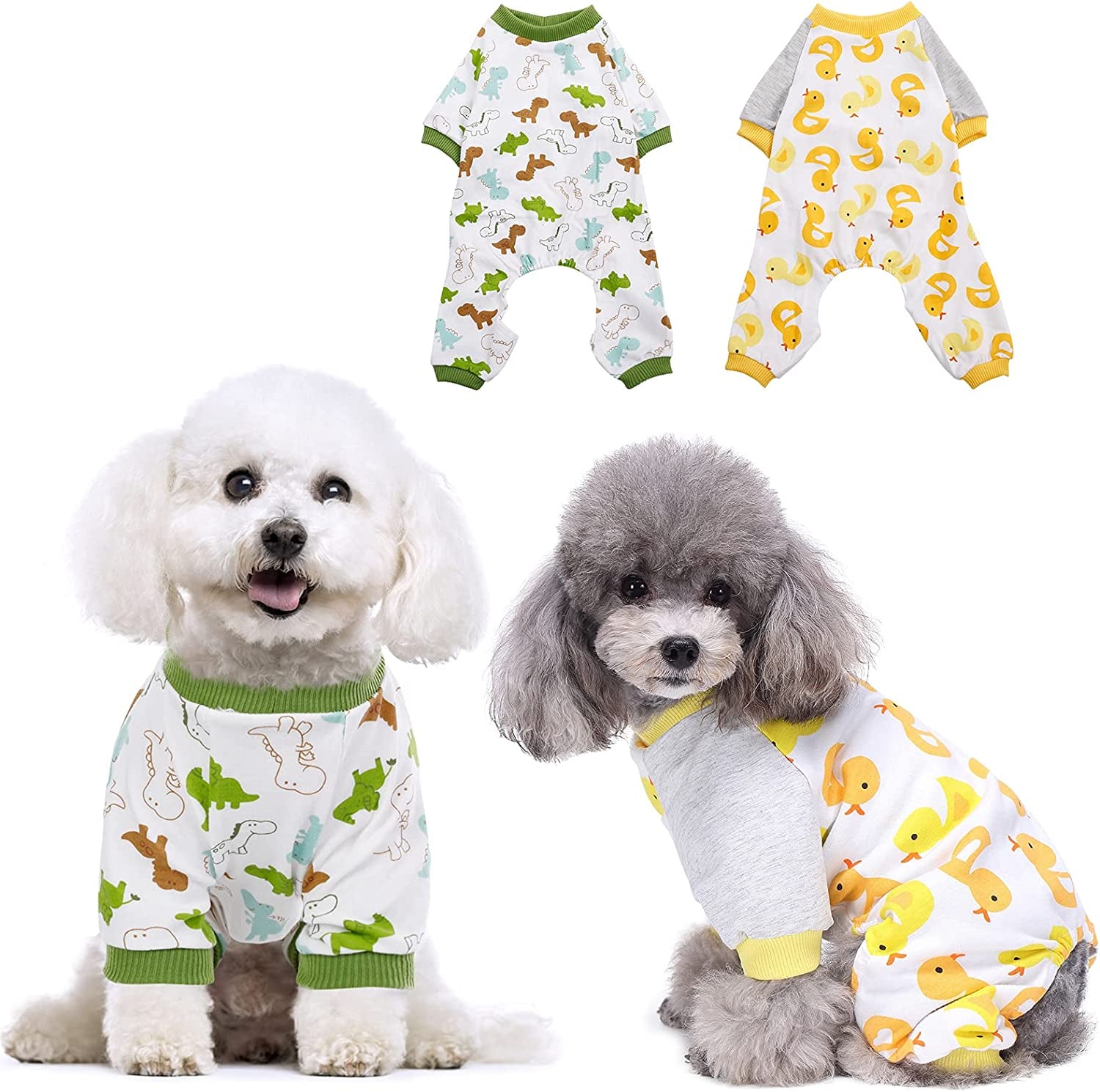 KOESON 2 Pack Cotton Dog Pajamas, Cozy Stretchy Cat Onesie Pet Jumpsuit Clothes with Cute Fruit/Animal Pattern, Soft Breathable Puppy Rompers Bodysuit Shirts for Small Medium Dogs Cats Animals & Pet Supplies > Pet Supplies > Dog Supplies > Dog Apparel KOESON Duck & Dinosaur Large 