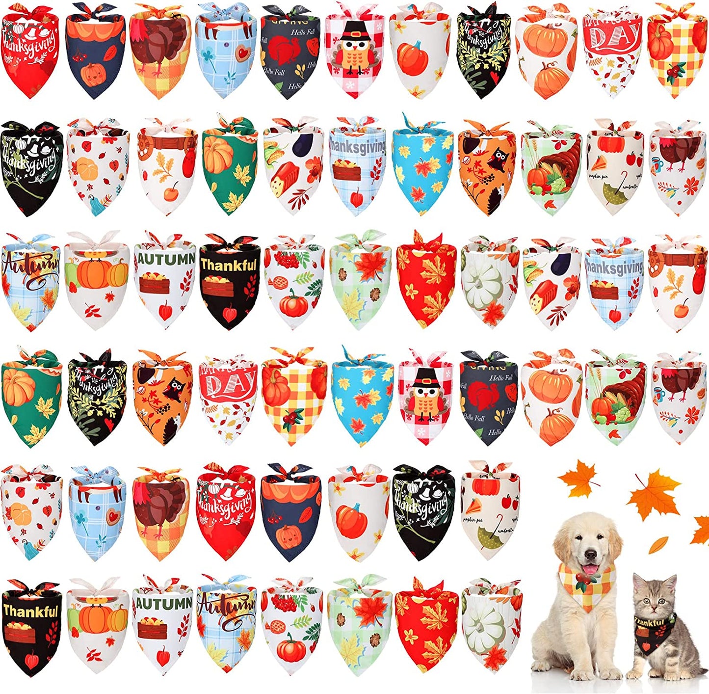 60 Pcs Valentine'S Day Dog Bandanas Bulk Heart Dog Bandanas Adjustable Dog Bibs Triangle Dog Scarf Holiday Pet Costume for Small Medium Pet Dog (Turkey Pattern)