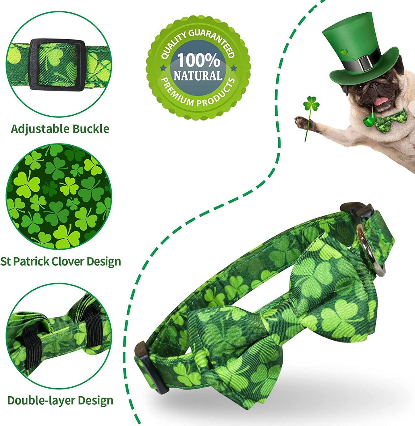 St. Patrick'S Dog Bow Tie Collar, Epesiri Green Dog Collar Bow Tie with Cotton, Adjustable Four Leaf Clovers Dog Neck Bowtie, St Patrick'S Day Holiday Soft Collar for Dogs Cat Small Medium Large Gift Animals & Pet Supplies > Pet Supplies > Dog Supplies > Dog Apparel Epesiri   