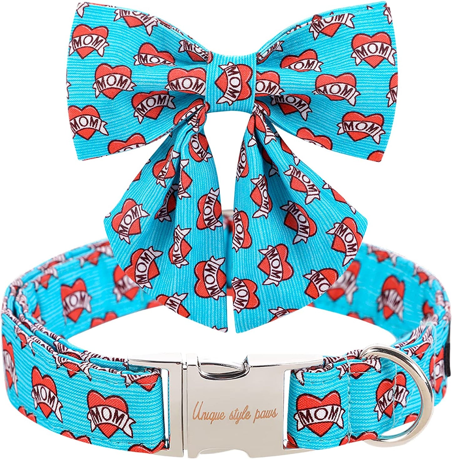 Unique Style Paws Mother'S Day Dog Collar with Bow Tie Blue Heart Puppy Collar Best Gift for Small Medium Large Boys Girls-M Animals & Pet Supplies > Pet Supplies > Dog Supplies > Dog Apparel Unique style paws   