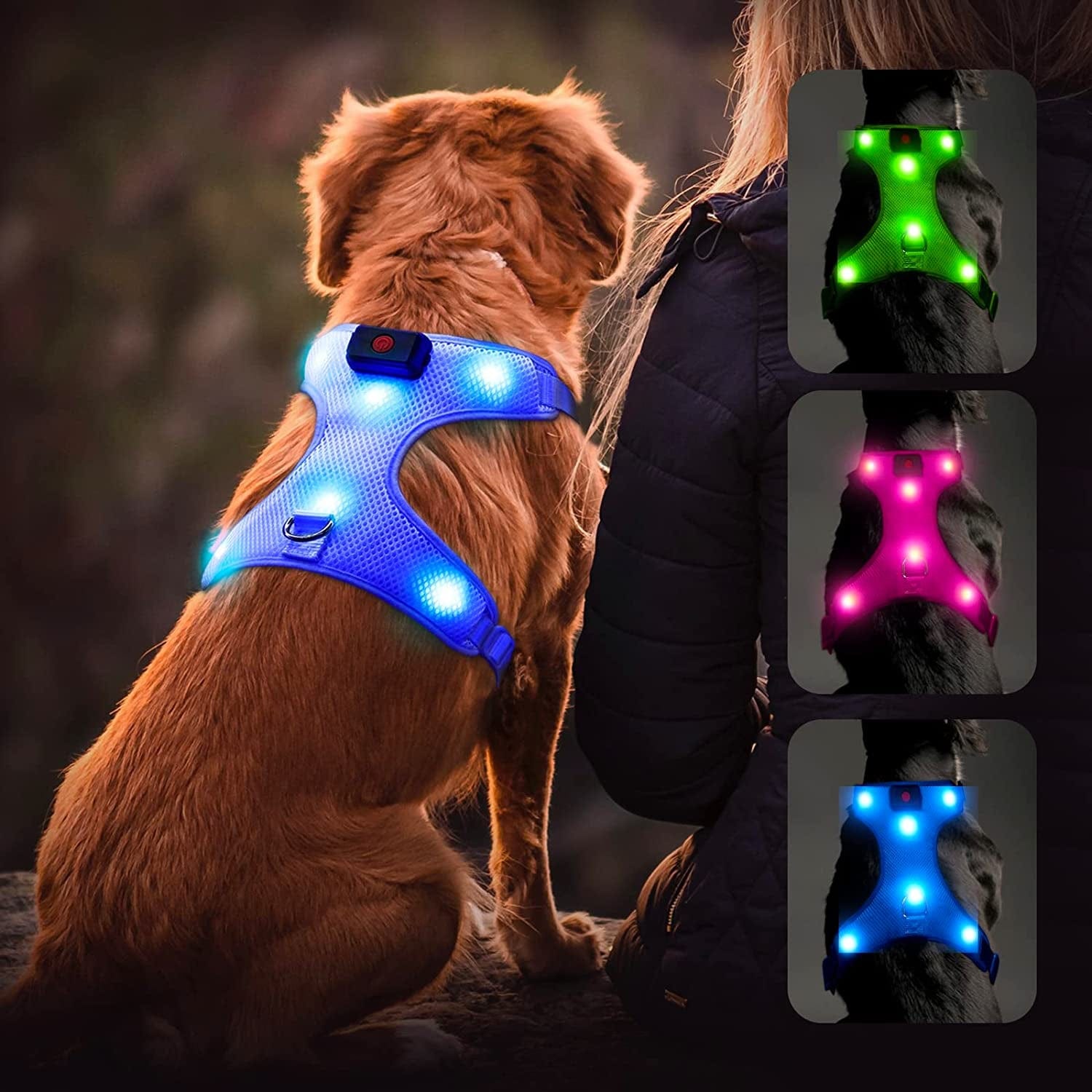 Flashseen LED Dog Harness,Lighted up USB Rechargeable Pet Harness,Illuminated Reflective Glowing Dog Vest Adjustable Soft Padded No-Pull Suit for Small,Medium,Large Dogs (Green, M) Animals & Pet Supplies > Pet Supplies > Dog Supplies > Dog Apparel Yuansen Blue S 