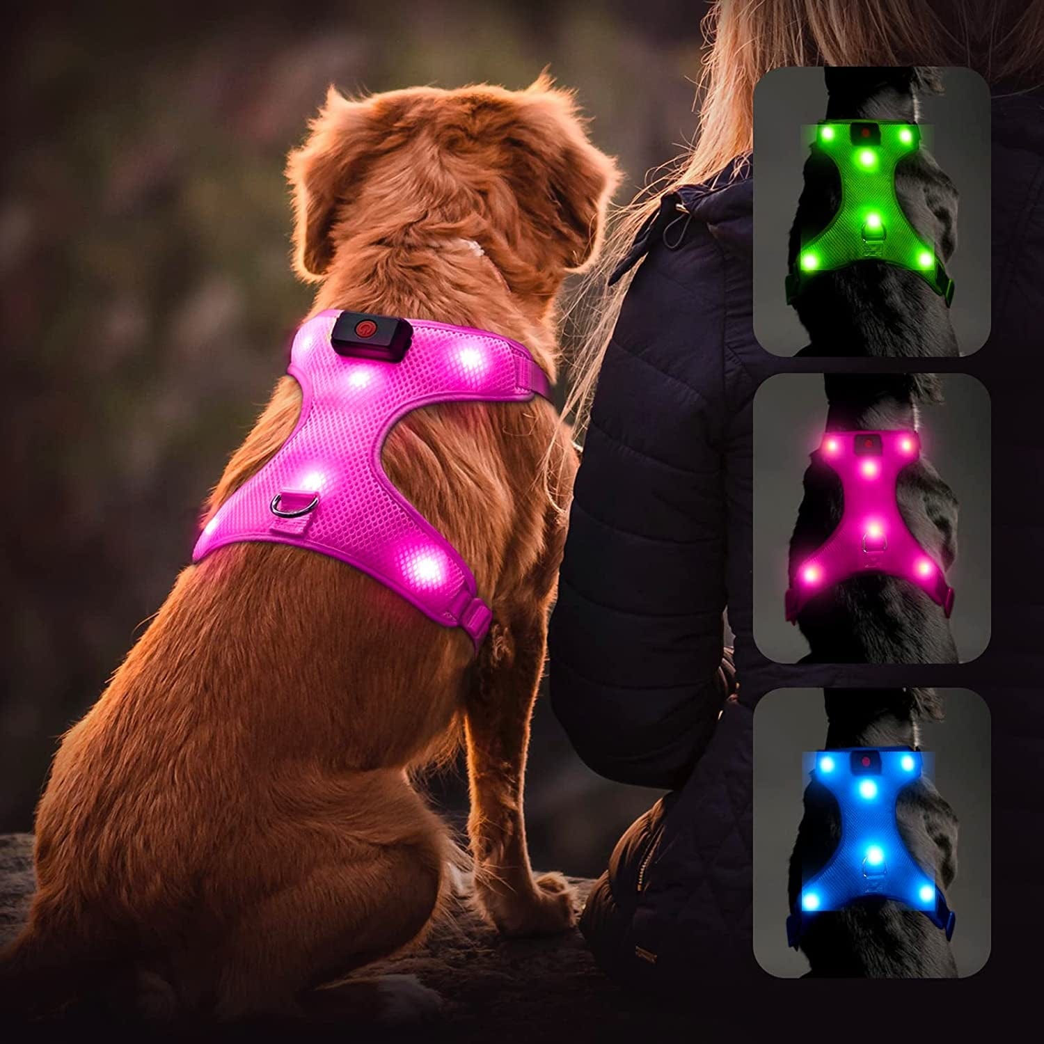 Flashseen LED Dog Harness,Lighted up USB Rechargeable Pet Harness,Illuminated Reflective Glowing Dog Vest Adjustable Soft Padded No-Pull Suit for Small,Medium,Large Dogs (Green, M) Animals & Pet Supplies > Pet Supplies > Dog Supplies > Dog Apparel Yuansen Pink Medium 