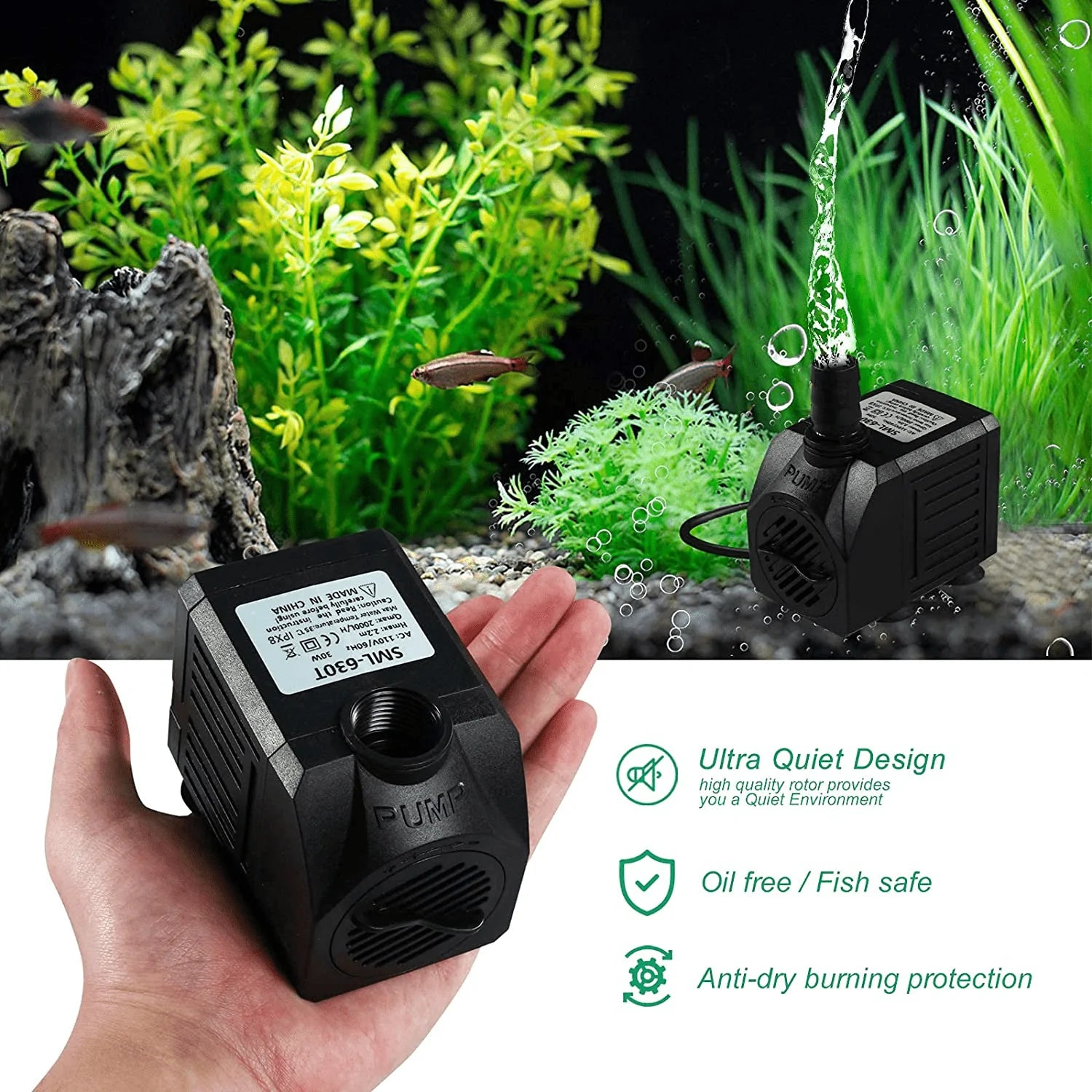 Fountain Pump, 520GPH Submersible Water Pump with Dry Burning Protection, 30W Small Fountain Pond Pump with 6.5Ft Tubing (1/2 Inch ID), 2000L/H, 3 Nozzles for Aquariums, Fish Tank, Hydroponics Animals & Pet Supplies > Pet Supplies > Fish Supplies > Aquarium & Pond Tubing AsFrost   