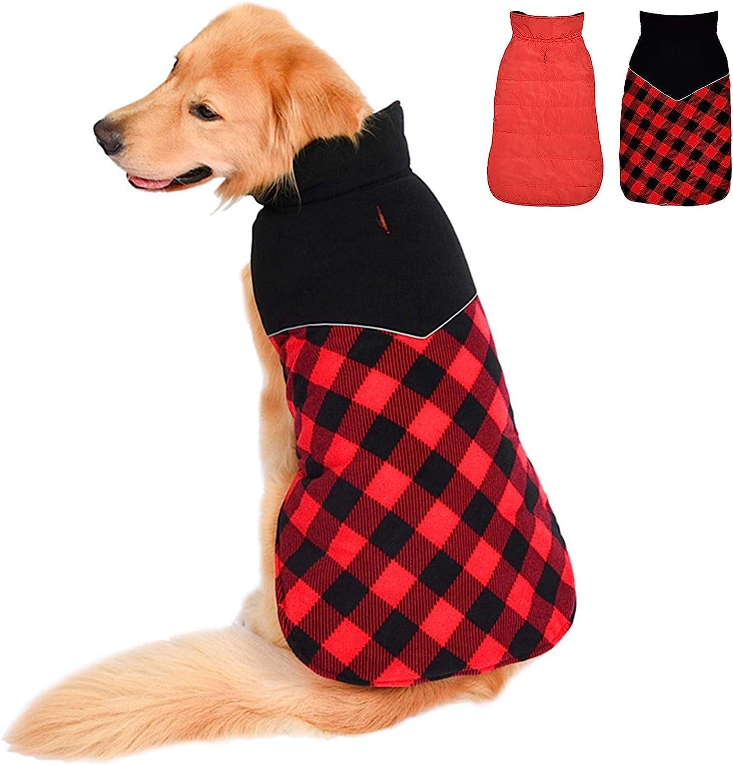 Fragralley Reversible Dog Winter Coat - Warm Dog Plaid Jacket for Cold Weather, Windproof Waterproof Reflective Puppy Vest Clothes for Small Medium Large Dogs Animals & Pet Supplies > Pet Supplies > Dog Supplies > Dog Apparel Fragralley Red L (Chest Girth: 20.1"-24") 