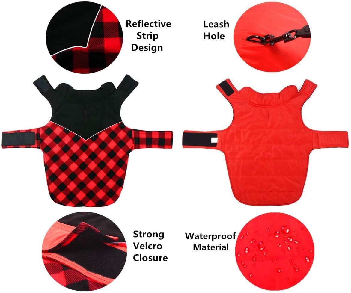 Fragralley Reversible Dog Winter Coat - Warm Dog Plaid Jacket for Cold Weather, Windproof Waterproof Reflective Puppy Vest Clothes for Small Medium Large Dogs Animals & Pet Supplies > Pet Supplies > Dog Supplies > Dog Apparel Fragralley   