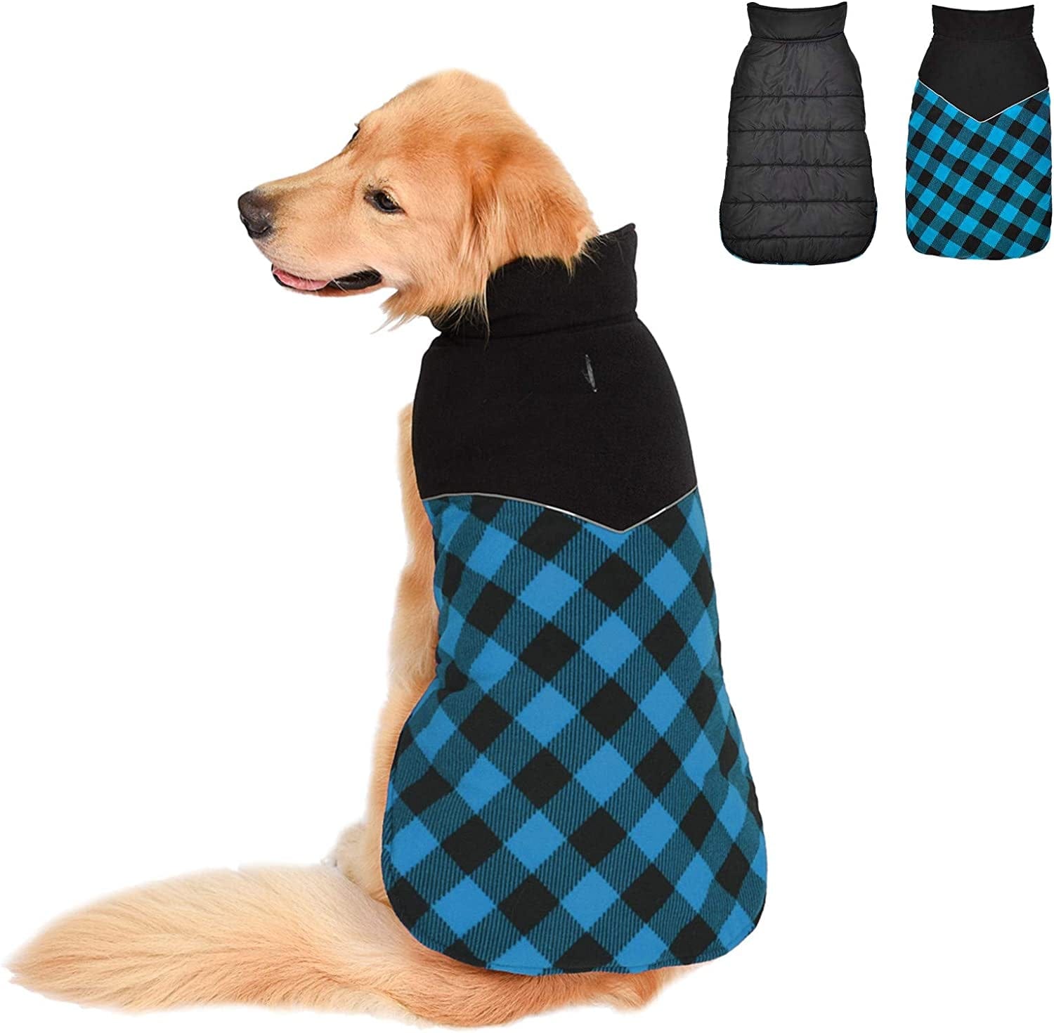 Fragralley Reversible Dog Winter Coat - Warm Dog Plaid Jacket for Cold Weather, Windproof Waterproof Reflective Puppy Vest Clothes for Small Medium Large Dogs Animals & Pet Supplies > Pet Supplies > Dog Supplies > Dog Apparel Fragralley Blue 3XL (Chest Girth: 33.6"-42.5") 