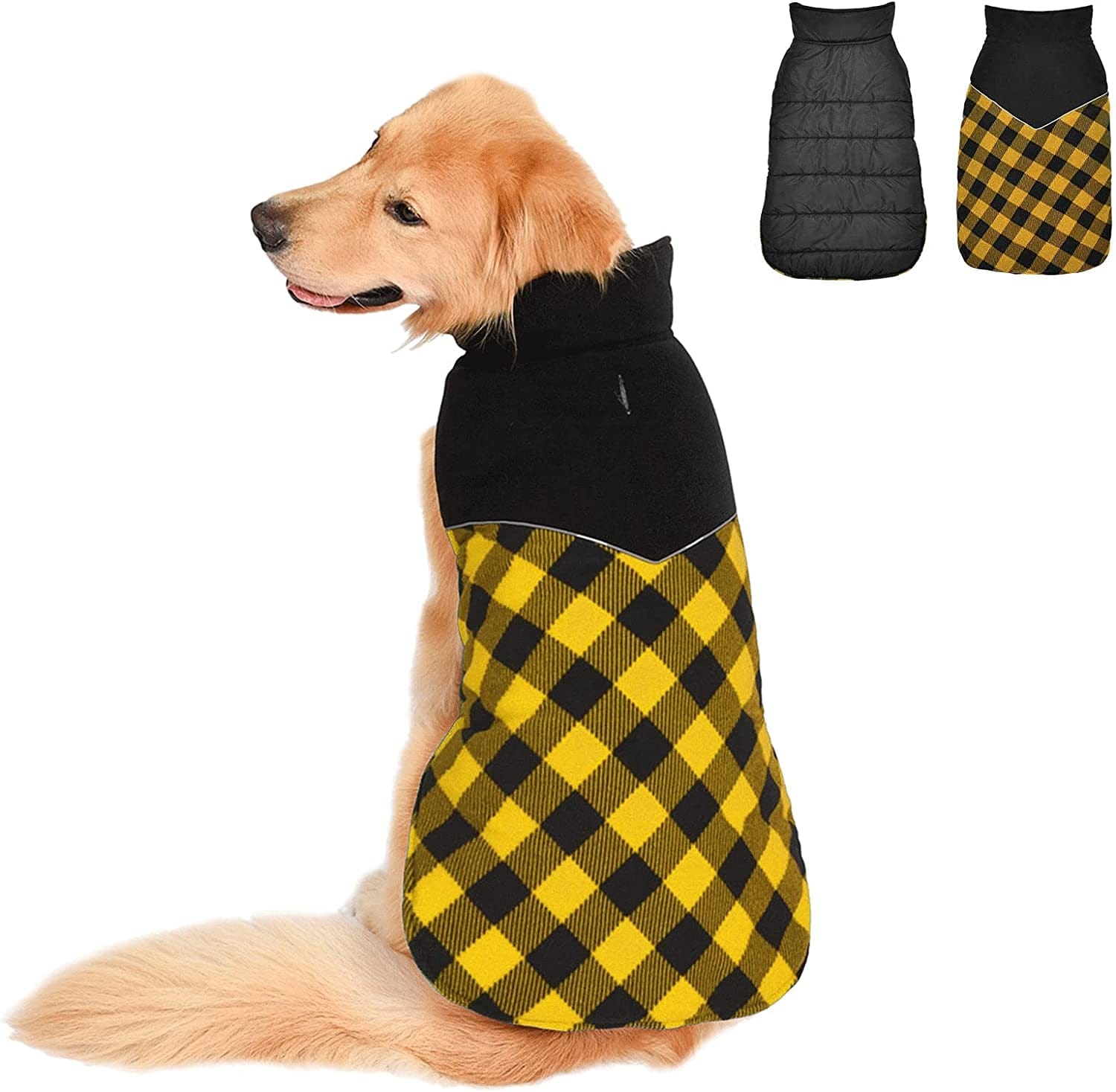 Fragralley Reversible Dog Winter Coat - Warm Dog Plaid Jacket for Cold Weather, Windproof Waterproof Reflective Puppy Vest Clothes for Small Medium Large Dogs Animals & Pet Supplies > Pet Supplies > Dog Supplies > Dog Apparel Fragralley Yellow S (Chest Girth: 12.6"-16.1") 