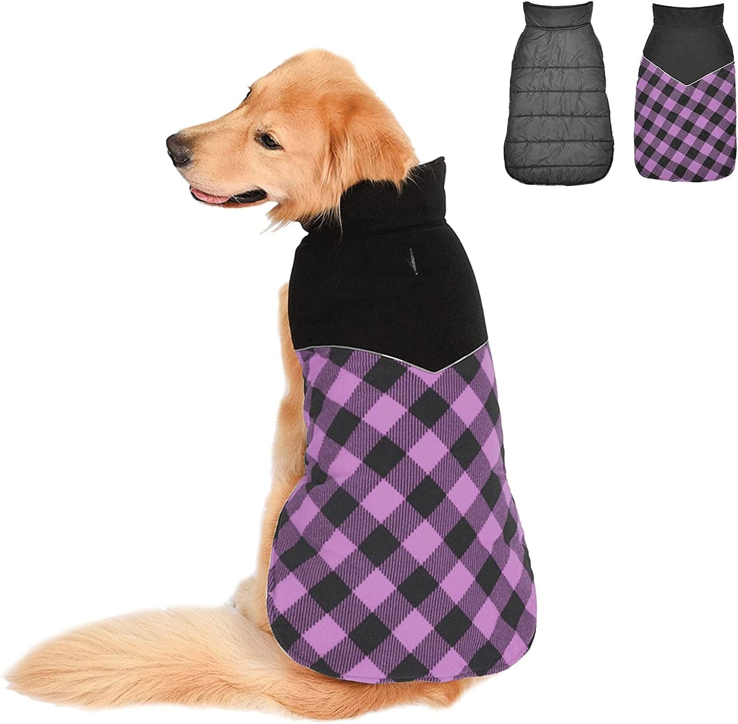 Fragralley Reversible Dog Winter Coat - Warm Dog Plaid Jacket for Cold Weather, Windproof Waterproof Reflective Puppy Vest Clothes for Small Medium Large Dogs Animals & Pet Supplies > Pet Supplies > Dog Supplies > Dog Apparel Fragralley Purple S (Chest Girth: 12.6"-16.1") 