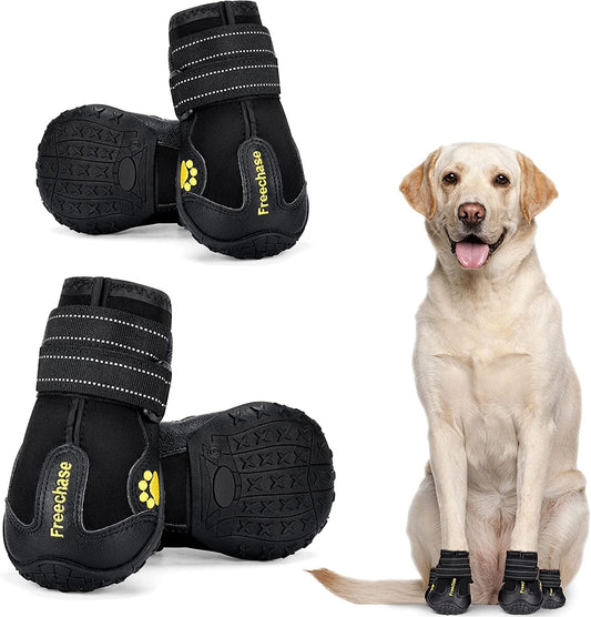 FREECHASE Dog Shoes for Large Dogs - Dog Booties for Medium Dogs, Dog Shoes for Hot Pavement, Dog Snow Boots with Waterproof Non-Slip Soles Reflective Straps 4PCS Animals & Pet Supplies > Pet Supplies > Dog Supplies > Dog Apparel Freechase Black 3 