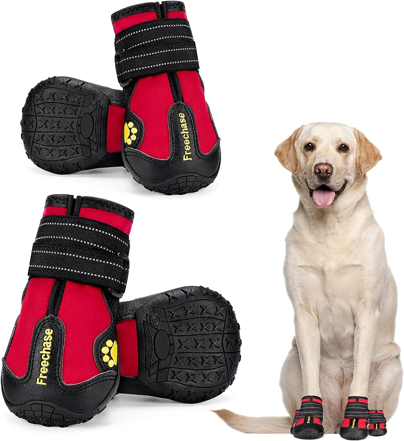 FREECHASE Dog Shoes for Large Dogs - Dog Booties for Medium Dogs, Dog Shoes for Hot Pavement, Dog Snow Boots with Waterproof Non-Slip Soles Reflective Straps 4PCS Animals & Pet Supplies > Pet Supplies > Dog Supplies > Dog Apparel Freechase Red 6 