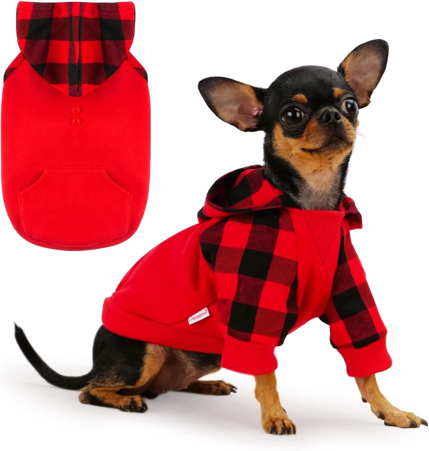 𝐍𝐄𝐖 𝐀𝐑𝐑𝐈𝐕𝐀𝐋 Frienperro Dog Clothes for Small Dogs Girl Boy, 100% Cotton Buffalo Plaid Small Dog Hoodie, Chihuahua Clothes Pet Cat Winter Warm Sweatshirt Sweater, Teacup Yorkie Puppy Coat Animals & Pet Supplies > Pet Supplies > Dog Supplies > Dog Apparel Frienperro Red Plaid X-Small 