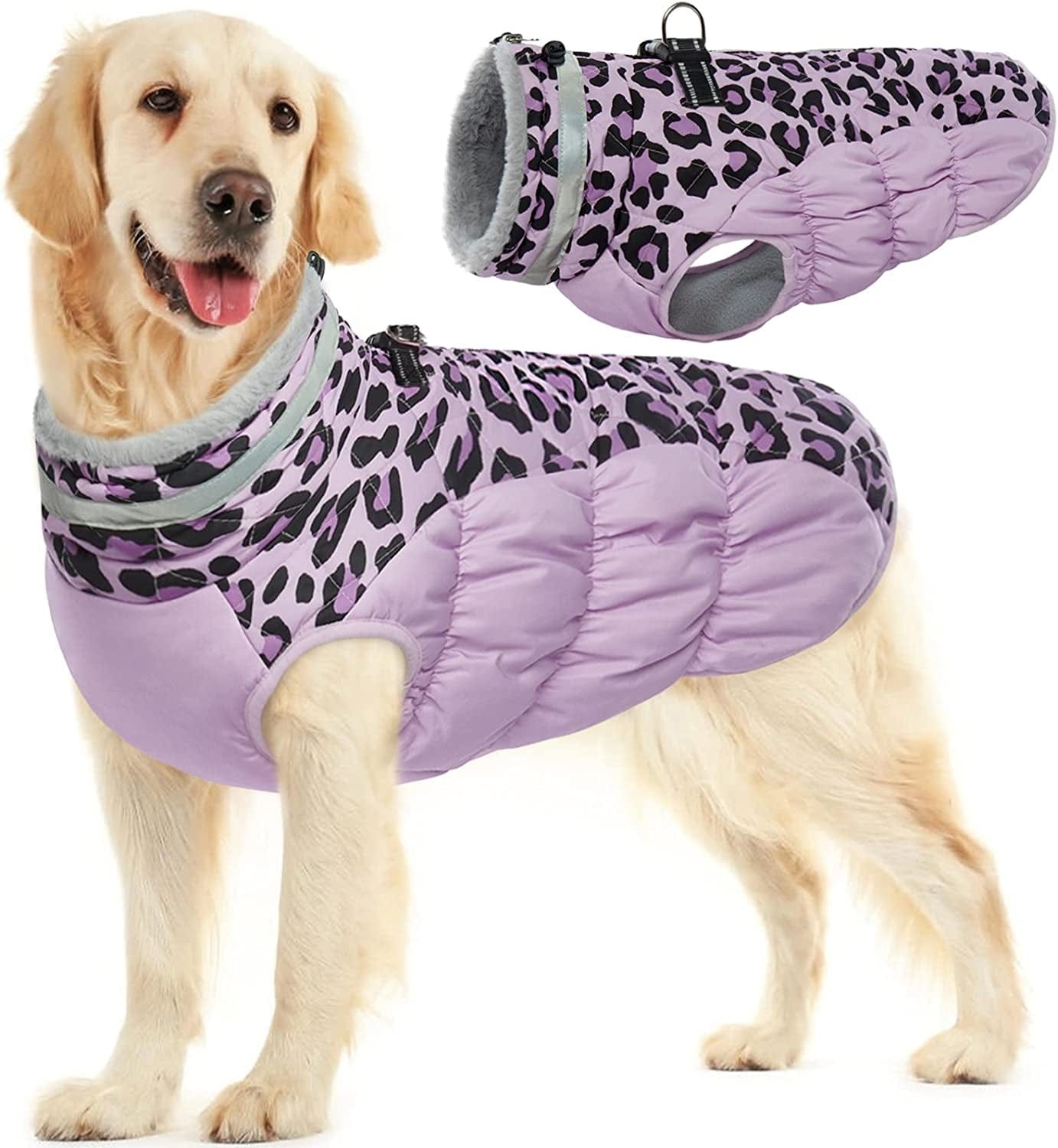 FUAMEY Dog Winter Jacket,Dog Cold Weather Coats Paded Dog Vest Warm Zip up Dog Windproof Apparel Pet Fleece Lined Outfit for Small Medium Large Dogs with Harness Cozy Dog Clothes with Fur Collar Animals & Pet Supplies > Pet Supplies > Dog Supplies > Dog Apparel FUAMEY purple leopard Large(chest:24in) 