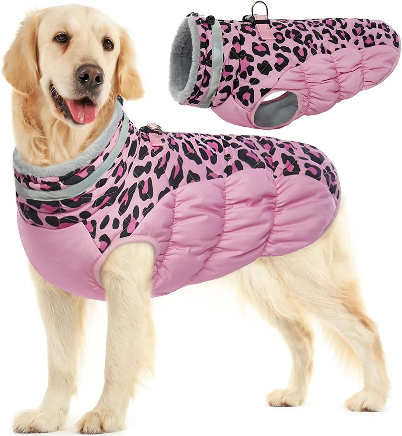 FUAMEY Dog Winter Jacket,Dog Cold Weather Coats Paded Dog Vest Warm Zip up Dog Windproof Apparel Pet Fleece Lined Outfit for Small Medium Large Dogs with Harness Cozy Dog Clothes with Fur Collar Animals & Pet Supplies > Pet Supplies > Dog Supplies > Dog Apparel FUAMEY pink leopard Large(chest:24in) 