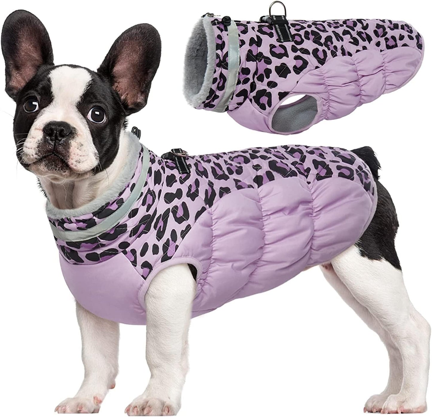 FUAMEY Dog Winter Jacket,Dog Cold Weather Coats Paded Dog Vest Warm Zip up Dog Windproof Apparel Pet Fleece Lined Outfit for Small Medium Large Dogs with Harness Cozy Dog Clothes with Fur Collar Animals & Pet Supplies > Pet Supplies > Dog Supplies > Dog Apparel FUAMEY purple leopard Small(chest:17in) 