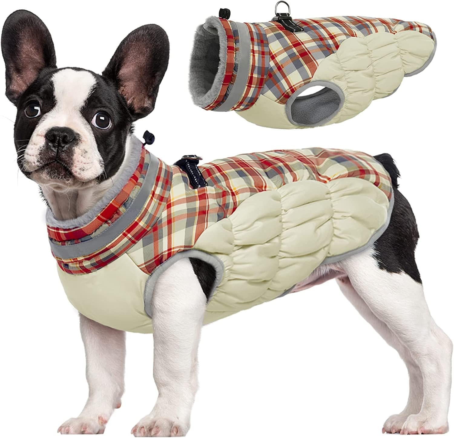 FUAMEY Dog Winter Jacket,Dog Cold Weather Coats Paded Dog Vest Warm Zip up Dog Windproof Apparel Pet Fleece Lined Outfit for Small Medium Large Dogs with Harness Cozy Dog Clothes with Fur Collar Animals & Pet Supplies > Pet Supplies > Dog Supplies > Dog Apparel FUAMEY red plaid Small(chest:17in) 