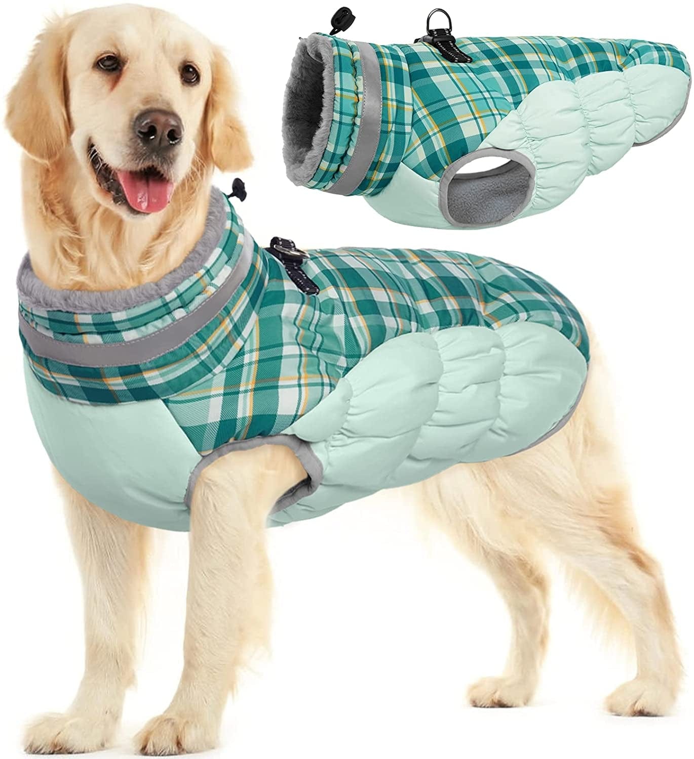 FUAMEY Dog Winter Jacket,Dog Cold Weather Coats Paded Dog Vest Warm Zip up Dog Windproof Apparel Pet Fleece Lined Outfit for Small Medium Large Dogs with Harness Cozy Dog Clothes with Fur Collar Animals & Pet Supplies > Pet Supplies > Dog Supplies > Dog Apparel FUAMEY green plaid Large(chest:24in) 