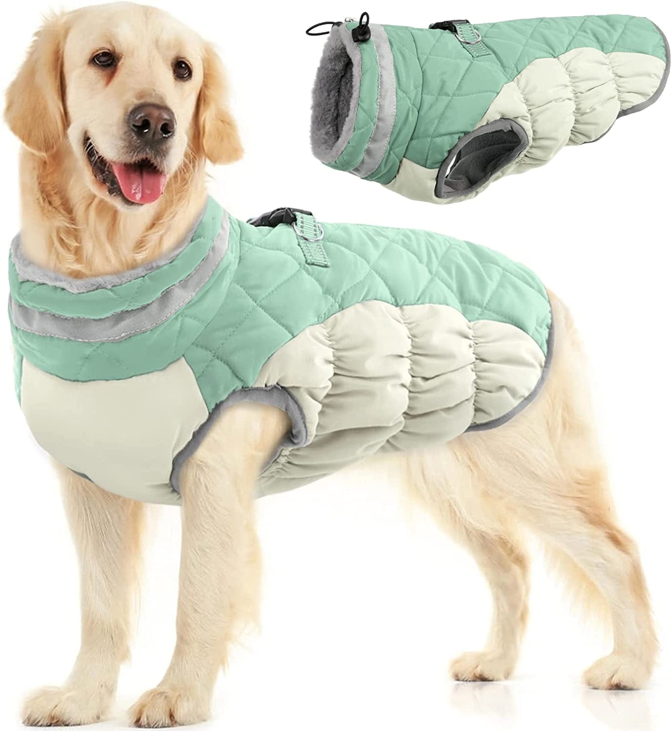 FUAMEY Dog Winter Jacket,Dog Cold Weather Coats Paded Dog Vest Warm Zip up Dog Windproof Apparel Pet Fleece Lined Outfit for Small Medium Large Dogs with Harness Cozy Dog Clothes with Fur Collar Animals & Pet Supplies > Pet Supplies > Dog Supplies > Dog Apparel FUAMEY candy green X-Large(chest:30in） 