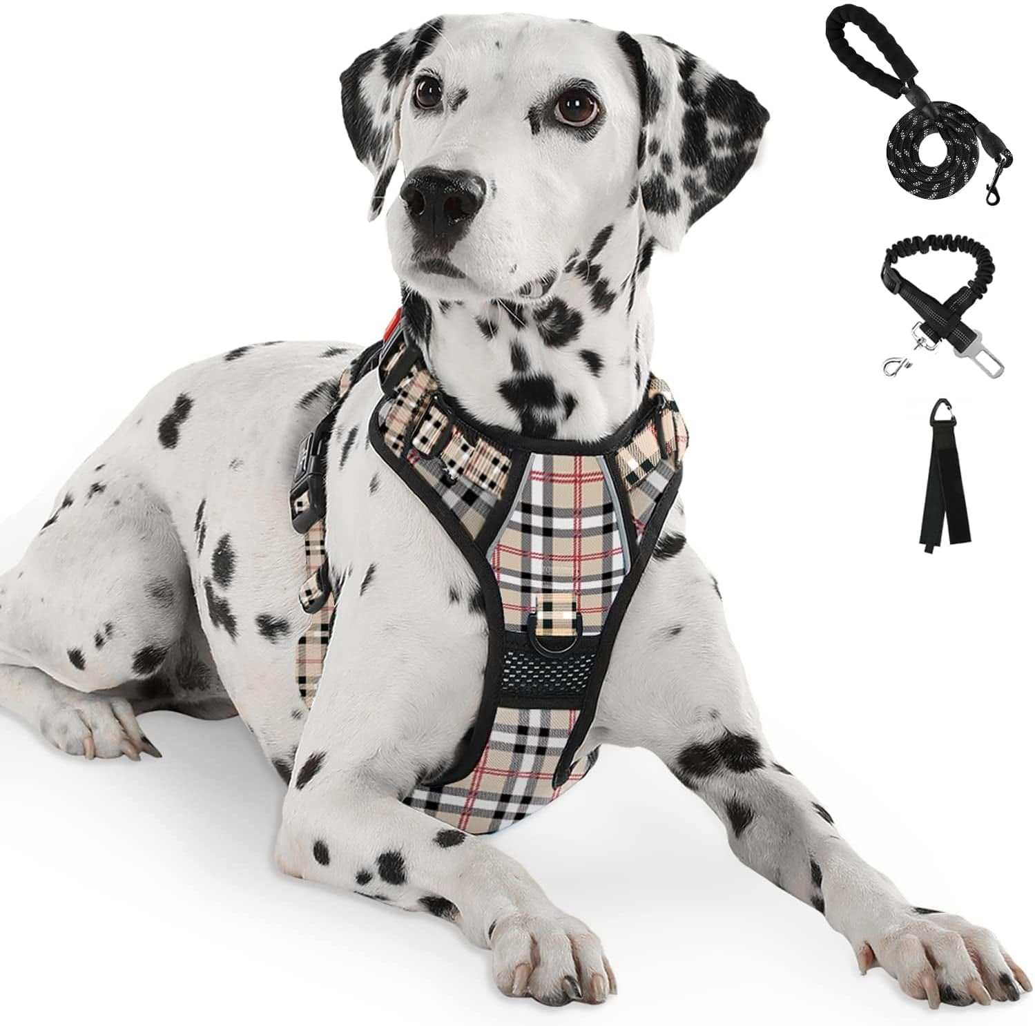 FURRYFECTION No Pull Dog Harness, Reflective Vest Harness with Leash No Choke Soft Padded Dog Vest, Adjustable Front Lead Dog Harnesses with Dog Seat Belt for Small Medium Large Dogs, Blue, M Animals & Pet Supplies > Pet Supplies > Dog Supplies > Dog Apparel FURRYFECTION Beige & White XL 