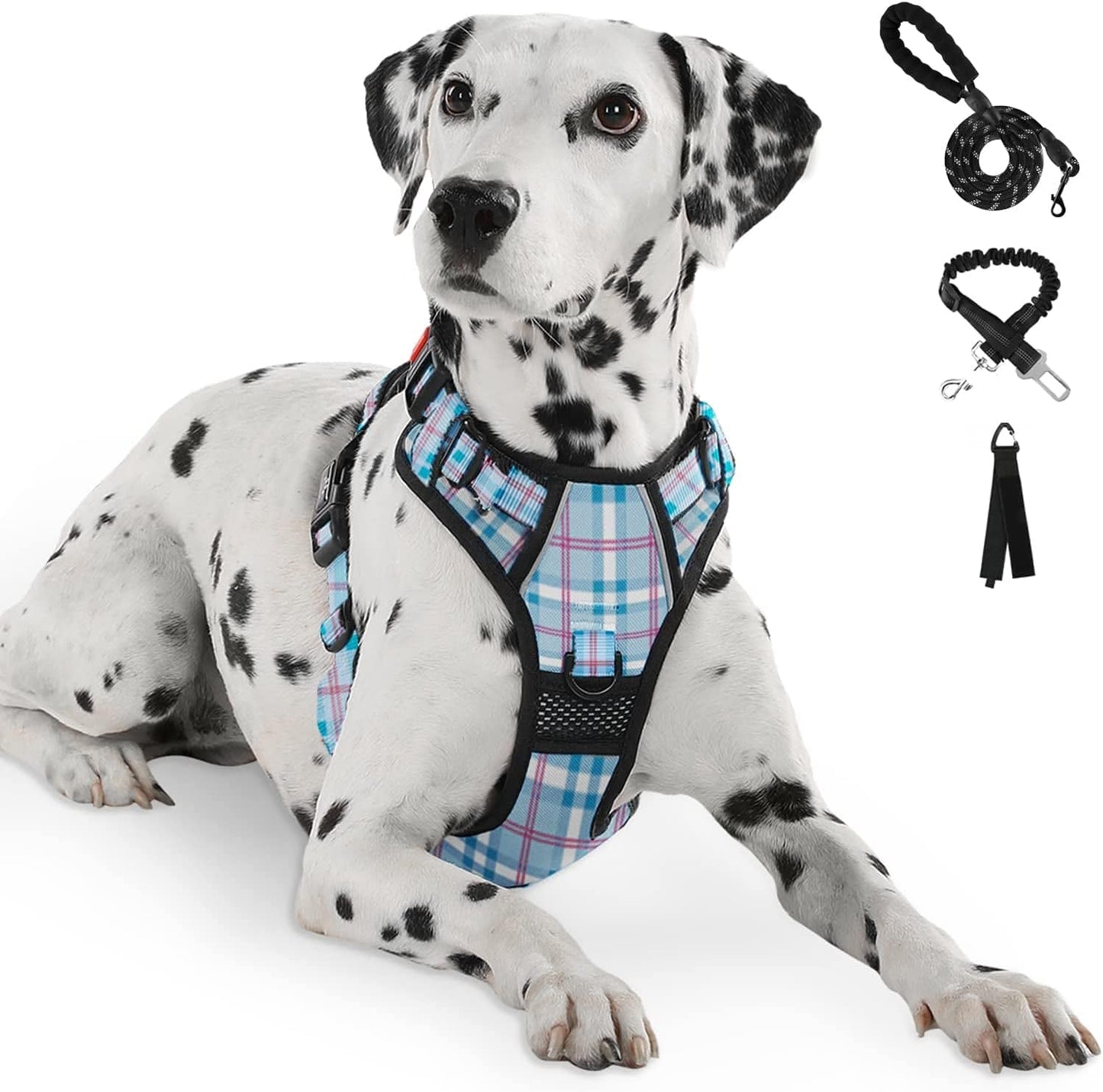 FURRYFECTION No Pull Dog Harness, Reflective Vest Harness with Leash No Choke Soft Padded Dog Vest, Adjustable Front Lead Dog Harnesses with Dog Seat Belt for Small Medium Large Dogs, Blue, M Animals & Pet Supplies > Pet Supplies > Dog Supplies > Dog Apparel FURRYFECTION Blue & White XL 