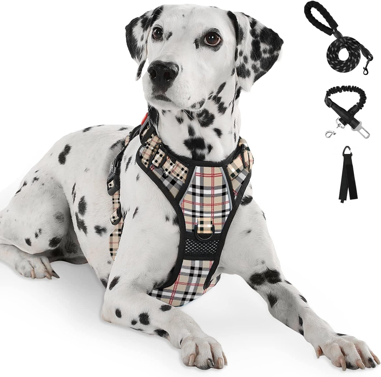 FURRYFECTION No Pull Dog Harness, Reflective Vest Harness with Leash No Choke Soft Padded Dog Vest, Adjustable Front Lead Dog Harnesses with Dog Seat Belt for Small Medium Large Dogs, Blue, M Animals & Pet Supplies > Pet Supplies > Dog Supplies > Dog Apparel FURRYFECTION Beige & White L 