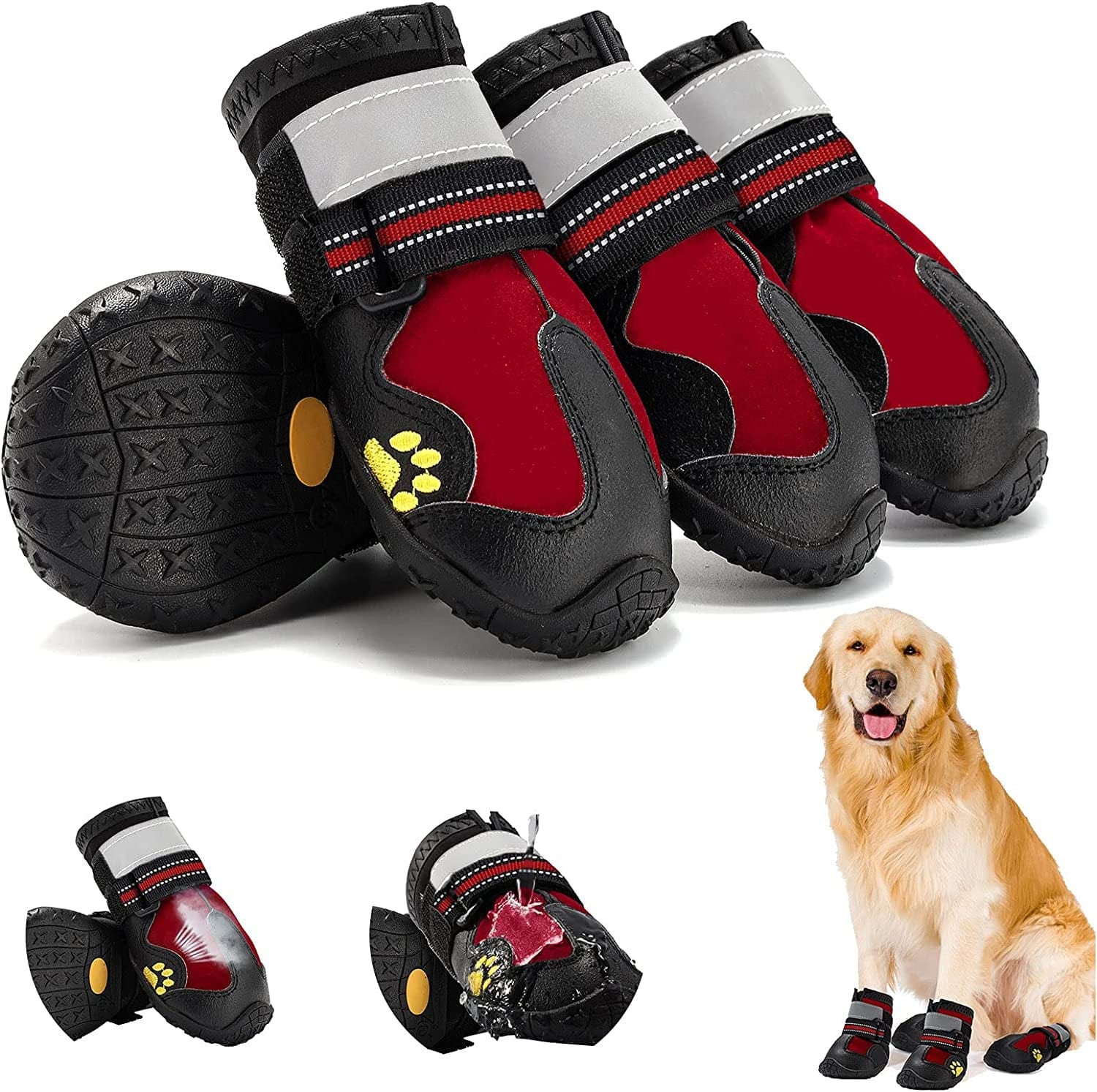 Fuzilin Dog Boots, Waterproof Reflective Breathable Adjustable Dog Summer Beach Hiking Booties with Non-Slip Soles, Dog Water Shoes for Small Medium Large Dogs Hot Pavement Animals & Pet Supplies > Pet Supplies > Dog Supplies > Dog Apparel Fuzilin Red size 4: 2.6''×2.1''(L*W) 