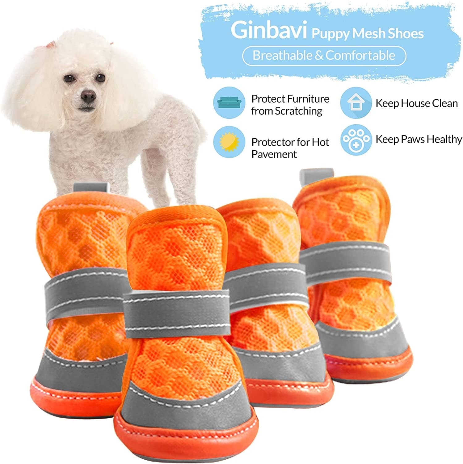 Ginbavi Soft Small Dog Shoes, Breathable Mesh Puppy Booties for Hot Pavement Walking Pet Sandals, Adjustable Reflective Dog Paw Protectors Boots for Hardwood Floors with Waterproof Non-Slip Soles Animals & Pet Supplies > Pet Supplies > Dog Supplies > Dog Apparel Ginbavi   