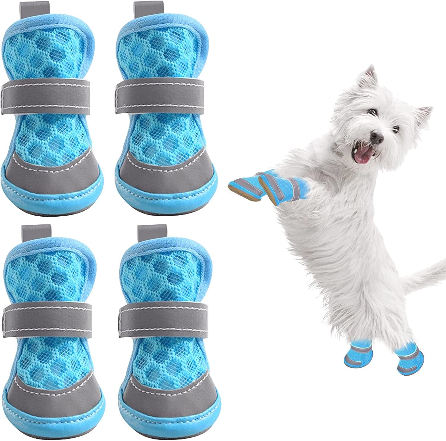 Ginbavi Soft Small Dog Shoes, Breathable Mesh Puppy Booties for Hot Pavement Walking Pet Sandals, Adjustable Reflective Dog Paw Protectors Boots for Hardwood Floors with Waterproof Non-Slip Soles Animals & Pet Supplies > Pet Supplies > Dog Supplies > Dog Apparel Ginbavi Blue Large 