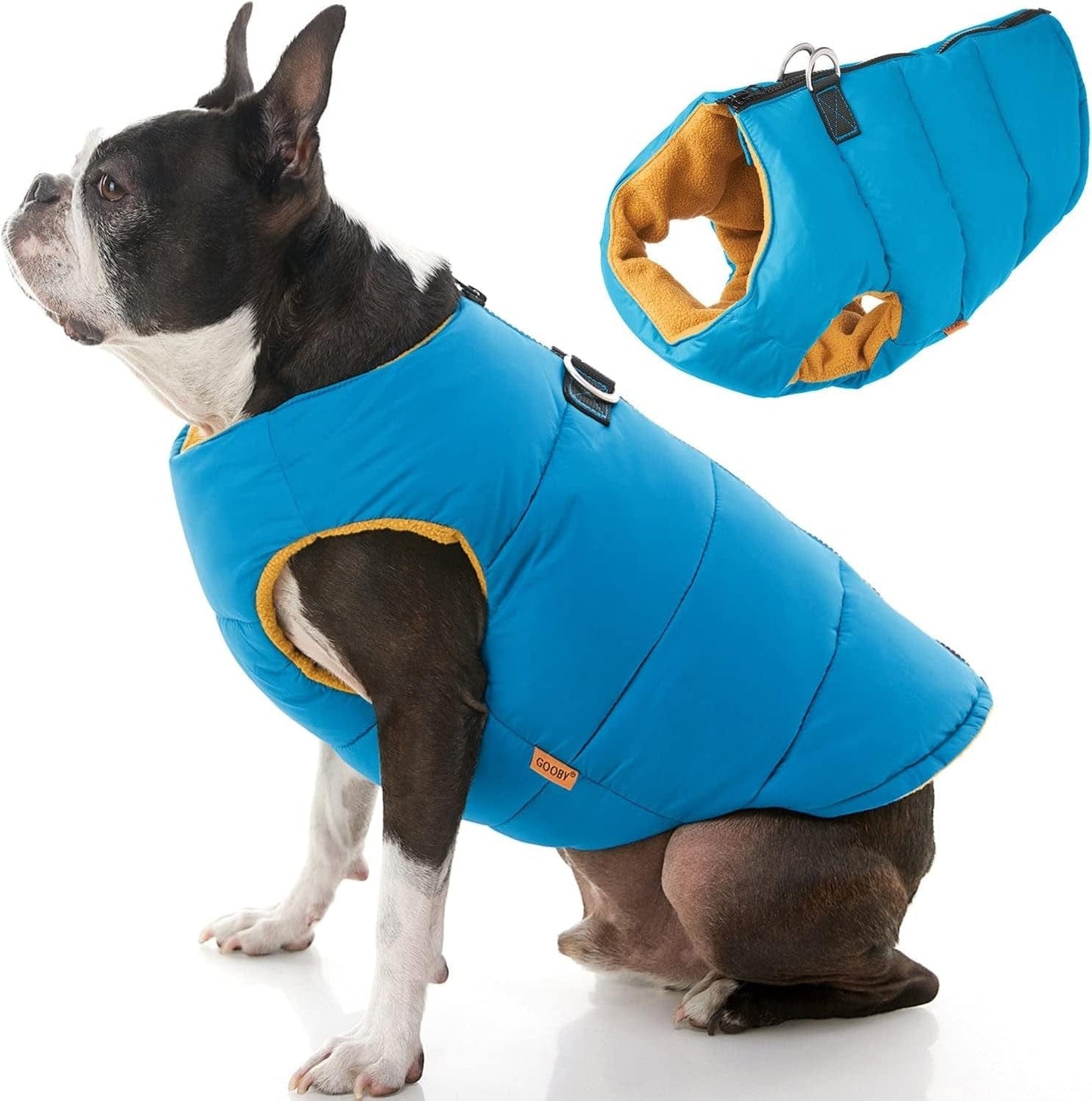 Gooby Padded Vest Dog Jacket - Blue, Large - Warm Zip up Dog Vest Fleece Jacket with Dual D Ring Leash - Winter Water Resistant Small Dog Sweater - Dog Clothes for Small Dogs Boy and Medium Dogs Animals & Pet Supplies > Pet Supplies > Dog Supplies > Dog Apparel Gooby Turquoise Solid 1 Large chest (20.25")