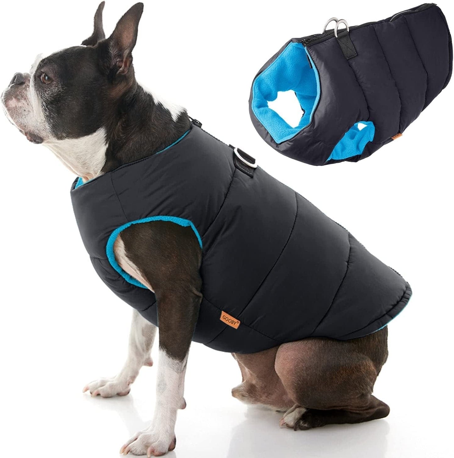 Gooby Padded Vest Dog Jacket - Blue, Large - Warm Zip up Dog Vest Fleece Jacket with Dual D Ring Leash - Winter Water Resistant Small Dog Sweater - Dog Clothes for Small Dogs Boy and Medium Dogs Animals & Pet Supplies > Pet Supplies > Dog Supplies > Dog Apparel Gooby Black Solid 1 X-Small chest (13")