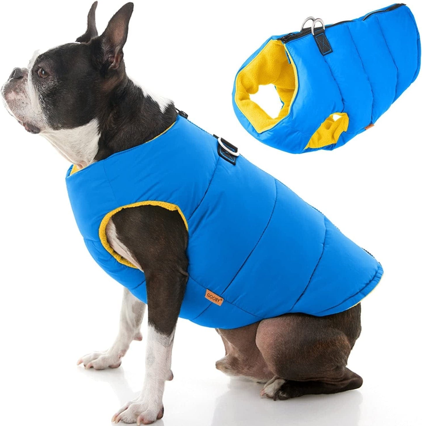 Gooby Padded Vest Dog Jacket - Blue, Large - Warm Zip up Dog Vest Fleece Jacket with Dual D Ring Leash - Winter Water Resistant Small Dog Sweater - Dog Clothes for Small Dogs Boy and Medium Dogs Animals & Pet Supplies > Pet Supplies > Dog Supplies > Dog Apparel Gooby Blue Solid 1 X-Small chest (13")