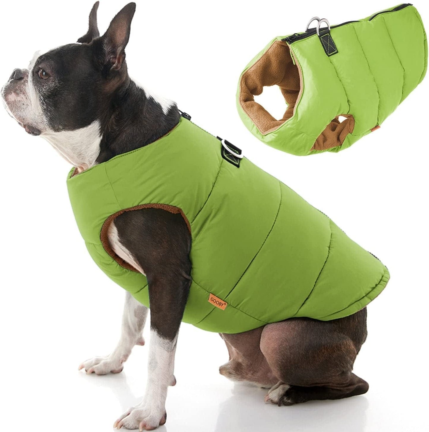 Gooby Padded Vest Dog Jacket - Blue, Large - Warm Zip up Dog Vest Fleece Jacket with Dual D Ring Leash - Winter Water Resistant Small Dog Sweater - Dog Clothes for Small Dogs Boy and Medium Dogs Animals & Pet Supplies > Pet Supplies > Dog Supplies > Dog Apparel Gooby Green Solid 1 X-Small chest (13")